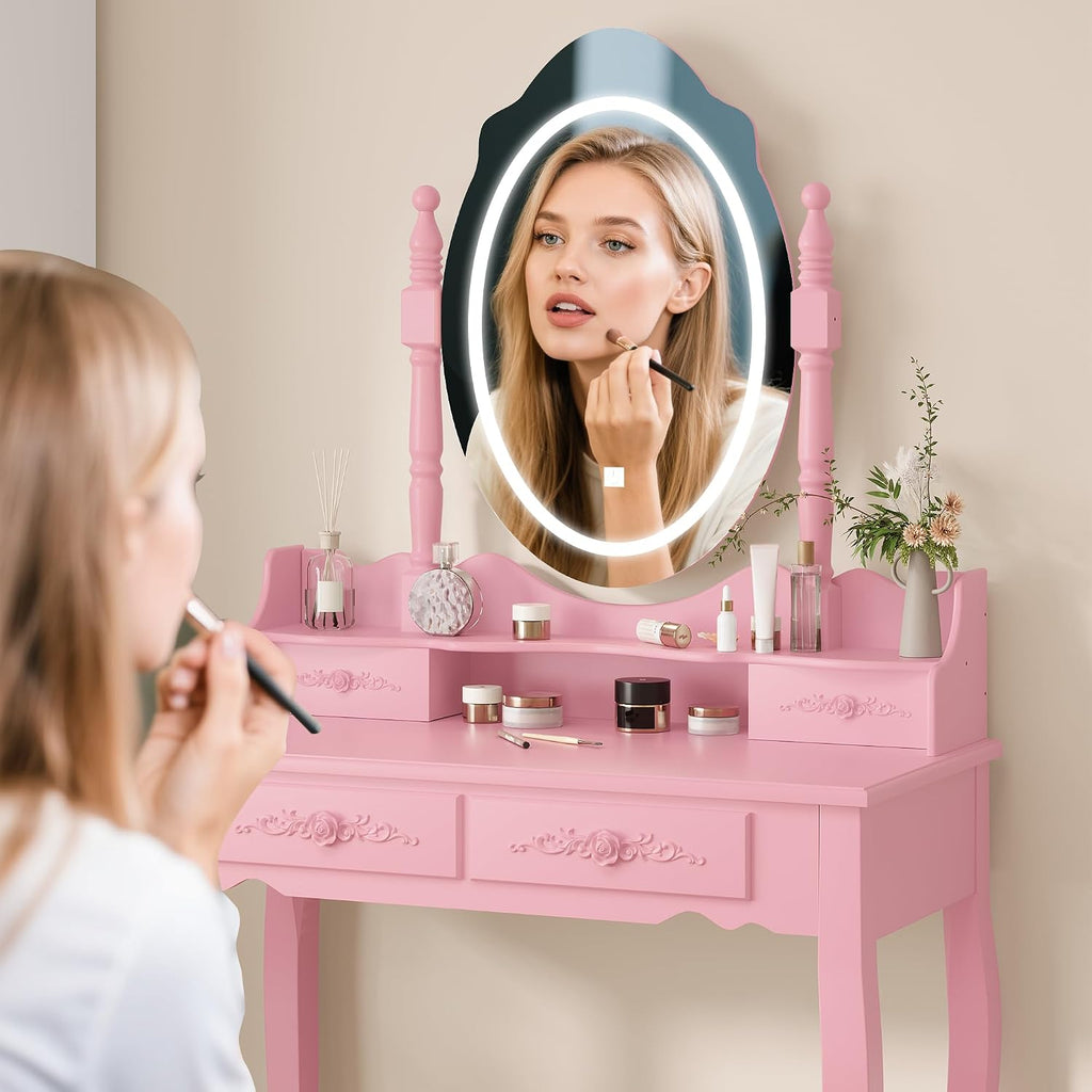 Vanity Desk with Mirror and Lights, Modern Vanity Makeup Table and Cushioned Stool Set with 4 Drawers, 3 Color Lighting Modes with Adjustable Brightness, Dressing Table Set for Bedroom (Pink Vanity)