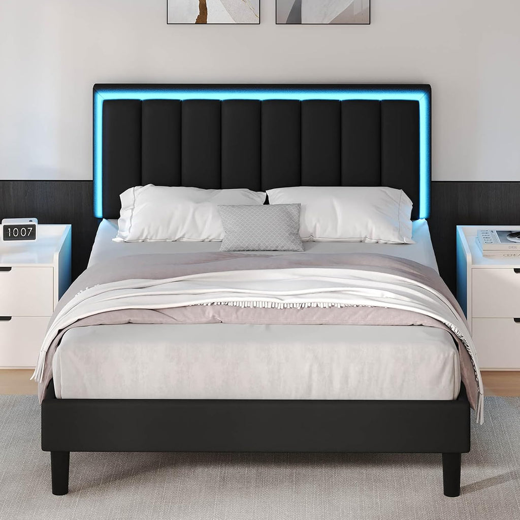 IMMERSTABLE Queen Bed Frame with LED Lights, Upholstered Bed Frame Queen Size with Headboard, Heavy Duty Wood and Metal Slats Support, Noise-Free, No Box Spring Needed, Easy Assembly, Black