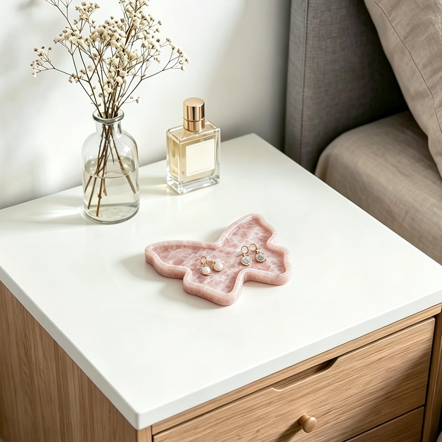 Natural Marble Tray Butterfly Shape Vanity Trays, Jewelry Trays Holder Dish for Bathroom Countertop Home Decor Gift L Pink