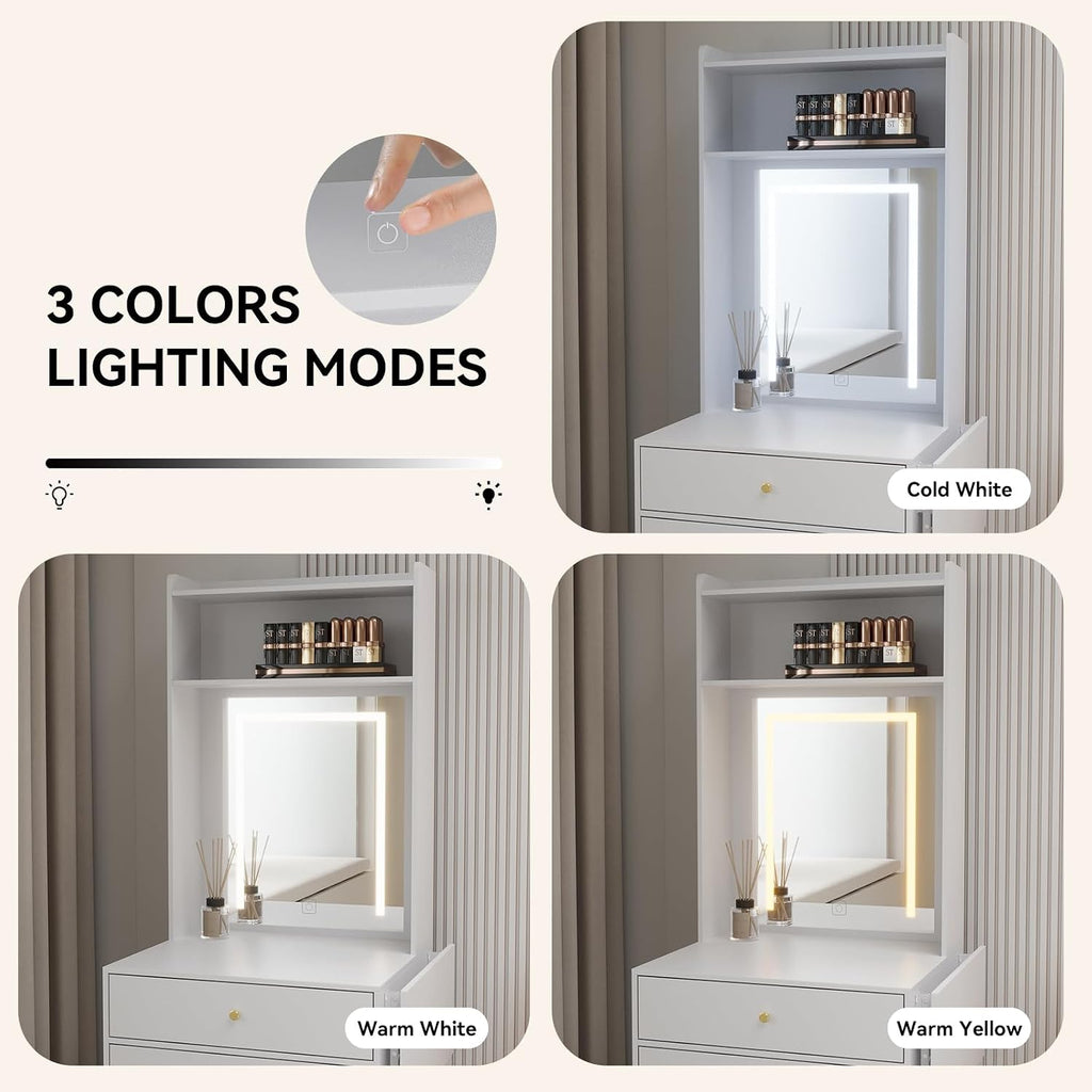 ARTETHYS Small Vanity Desk Set with 3 Adjustable Lighted Mirror and Storage Chair Mini Makeup Vanities Set for Compact Space White Dressing Table with Fold-up Panel for Bedroom