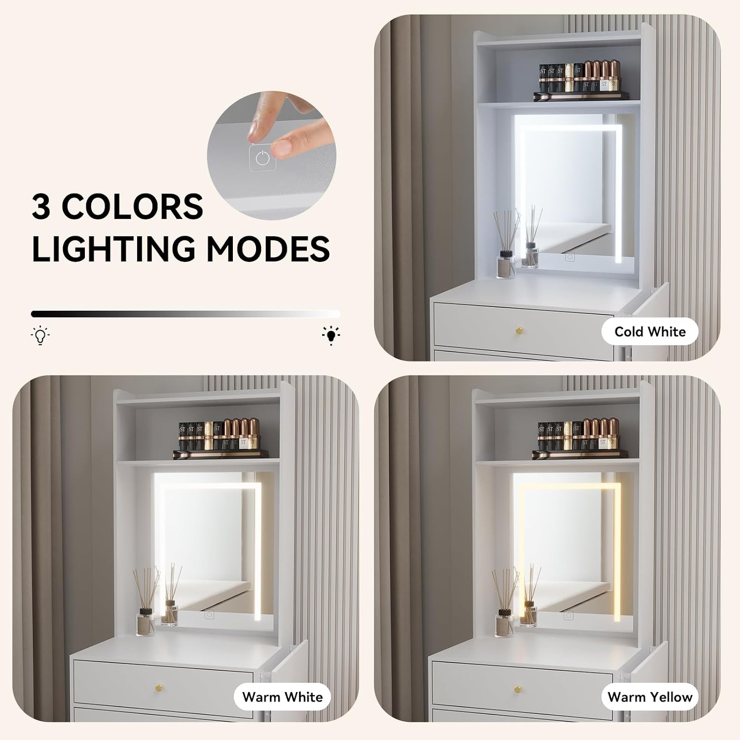 ARTETHYS Small Vanity Desk Set with 3 Adjustable Lighted Mirror and Storage Chair Mini Makeup Vanities Set for Compact Space White Dressing Table with Fold-up Panel for Bedroom