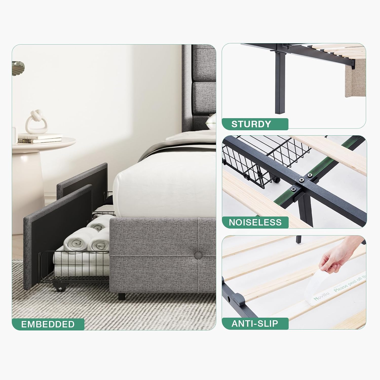 Novilla Upholstered Queen Size Bed Frame Platform with 4 Storage Drawers and Fabric Headboard, Non-Slip and Noise-Free Queen Bed Frame, Strong Wooden Slats, No Box Spring Needed, Grey