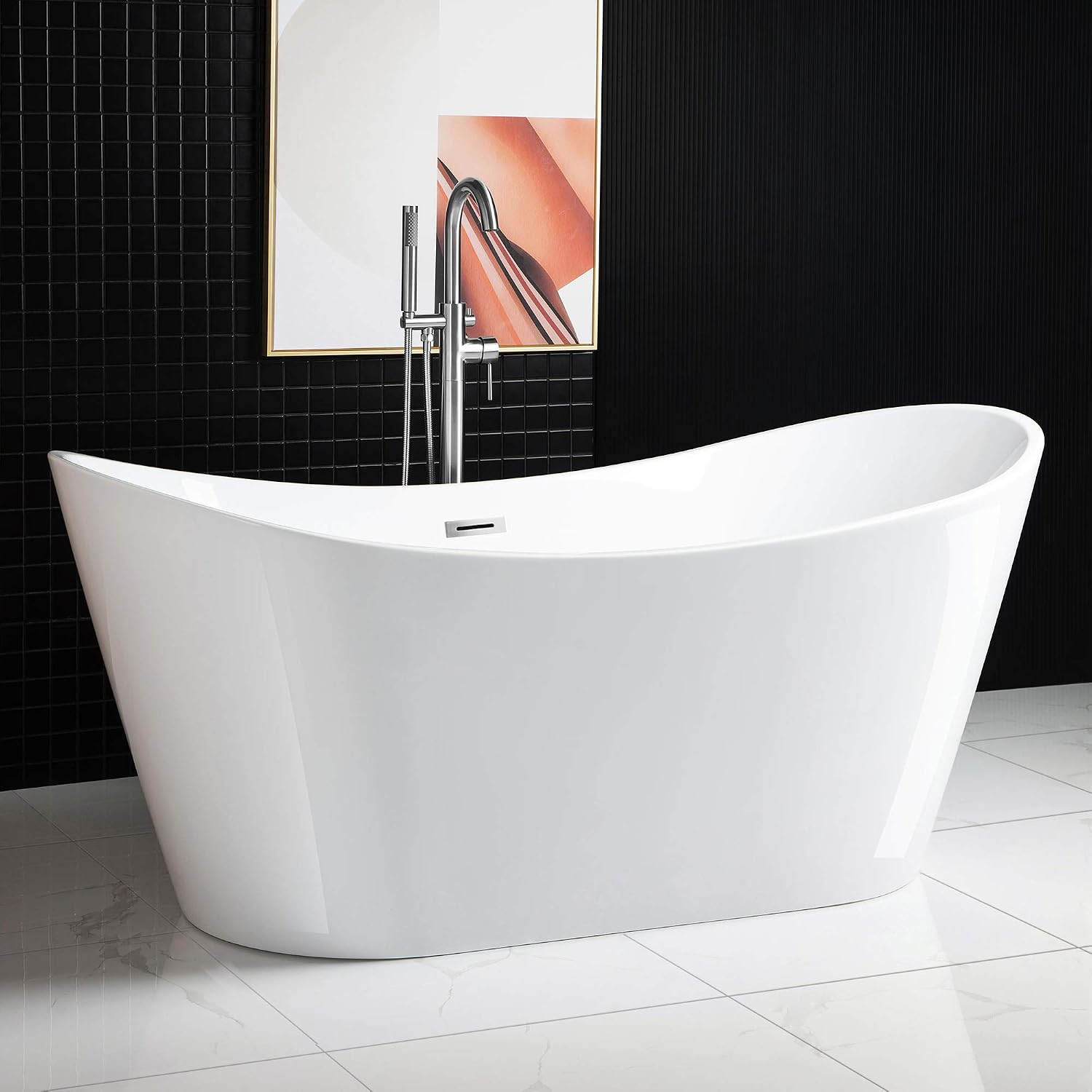 WOODBRIDGE 67' Acrylic Freestanding Bathtub Contemporary Soaking White Tub with Chrome Overflow and Drain,B0010-C