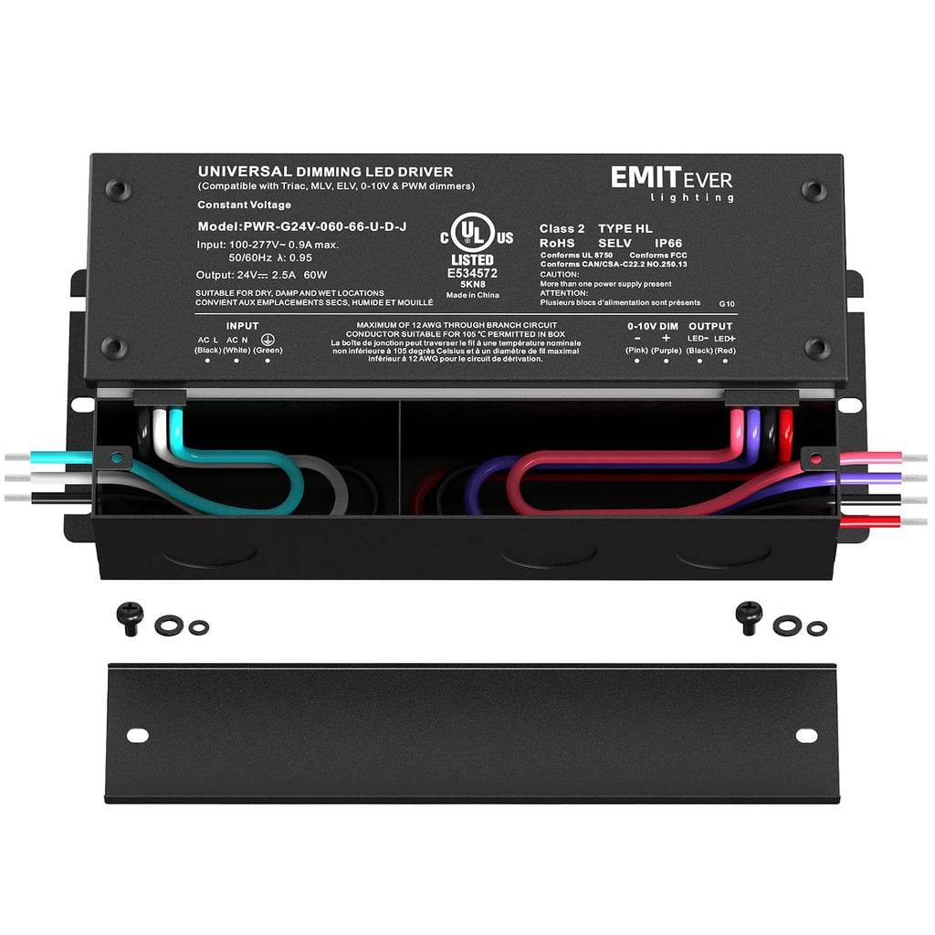EMITEVER Dimmable Led Driver, 2 Packs 60W AC 110V-277V to DC 24V Transformer, 5-in-1 Dimming: ELV/MLV/TRIAC / 0-10V / 1-10V / 10V PWM/Potentiometer, Waterproof IP67 and UL Listed,Class 2