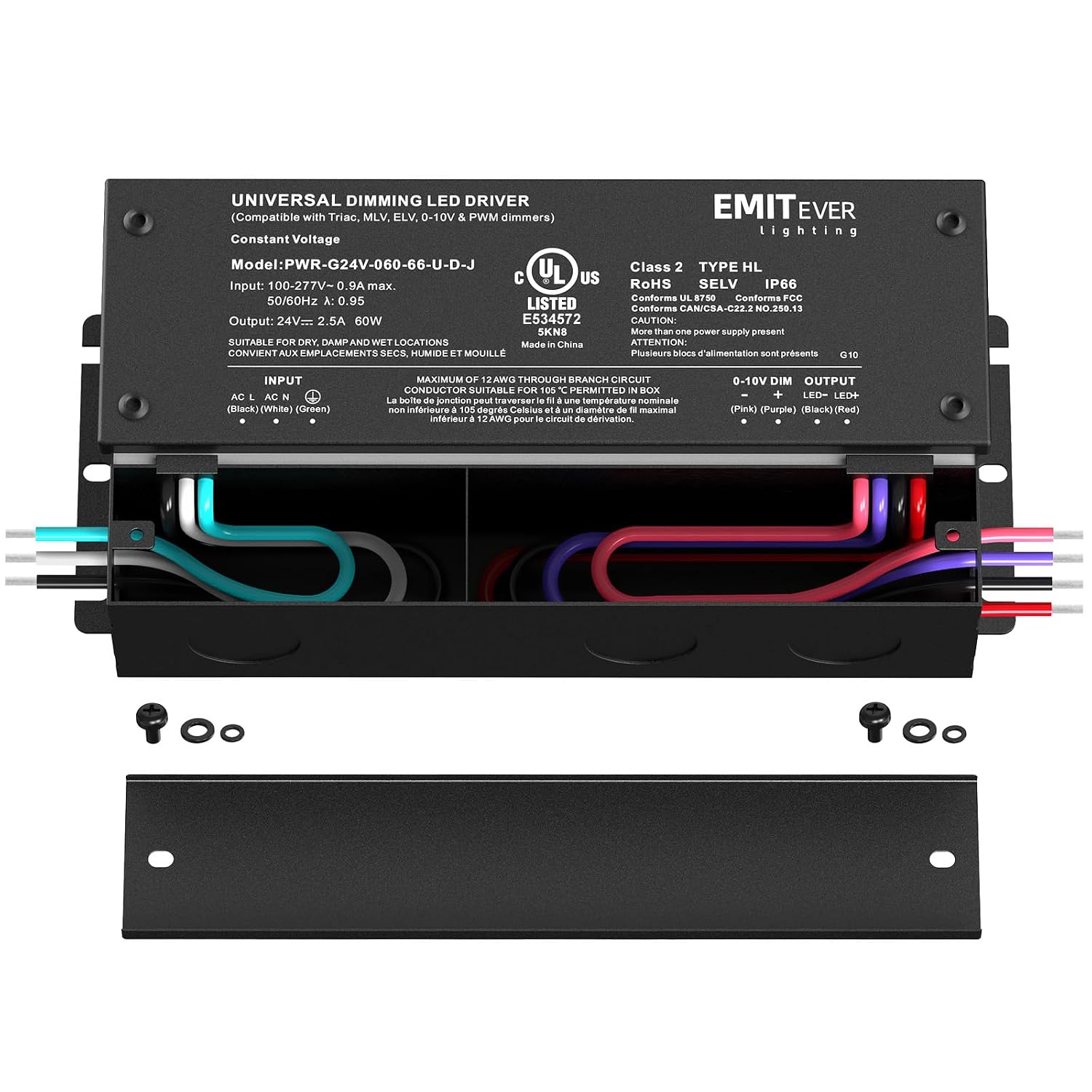 EMITEVER Dimmable Led Driver, 2 Packs 60W AC 110V-277V to DC 24V Transformer, 5-in-1 Dimming: ELV/MLV/TRIAC / 0-10V / 1-10V / 10V PWM/Potentiometer, Waterproof IP67 and UL Listed,Class 2