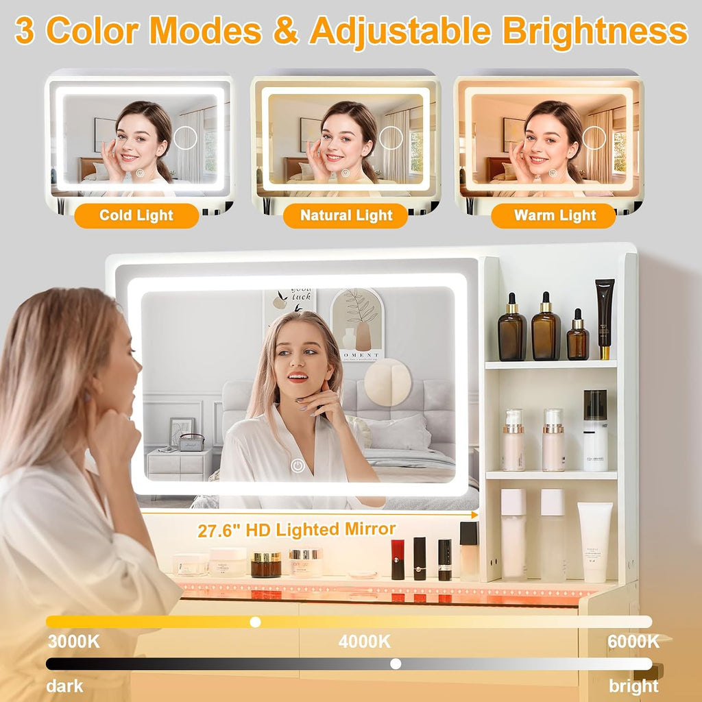 Vanity Desk,Makeup Vanity Desk with Mirror and Lights,Transparent Top with LED Multiple Color Lights,Mirror 3 Color Modes 2 Drawers,Power Outlet,Dressing Table for Girls Bedroom,White