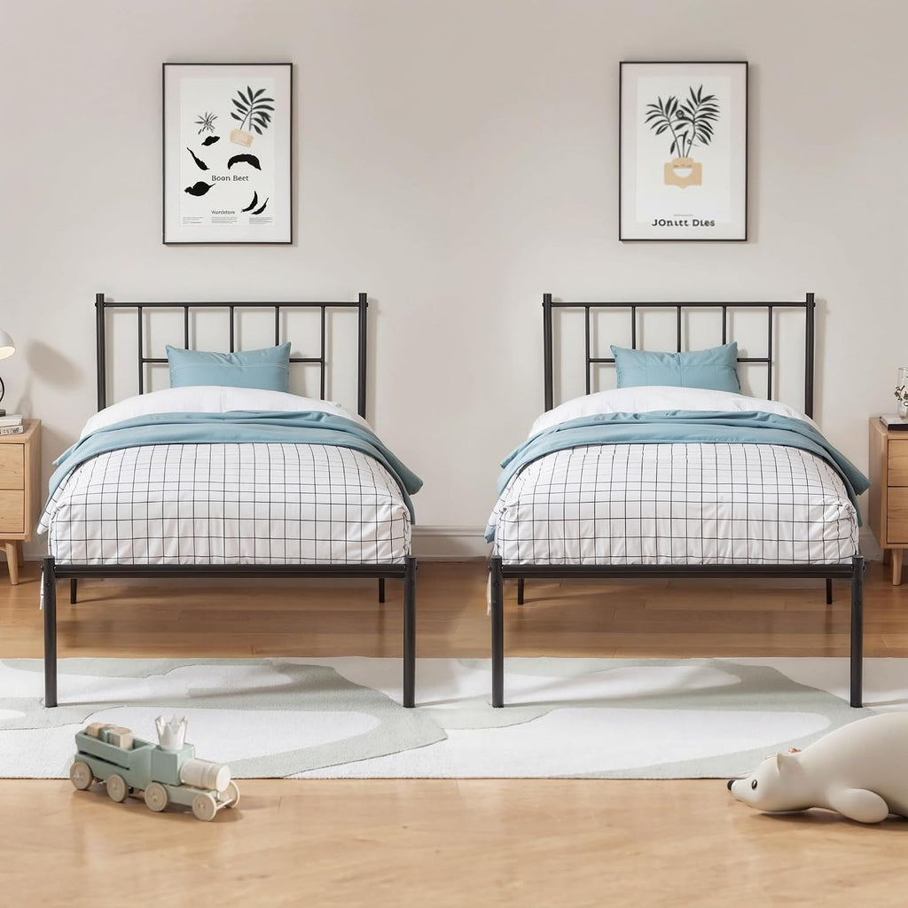 VECELO Twin Metal Platform Bed Frame with Headboard, Heavy Duty Steel Slats, No Box Spring Needed,Easy Assembly, Modern Minimalist Design, 2 PCS