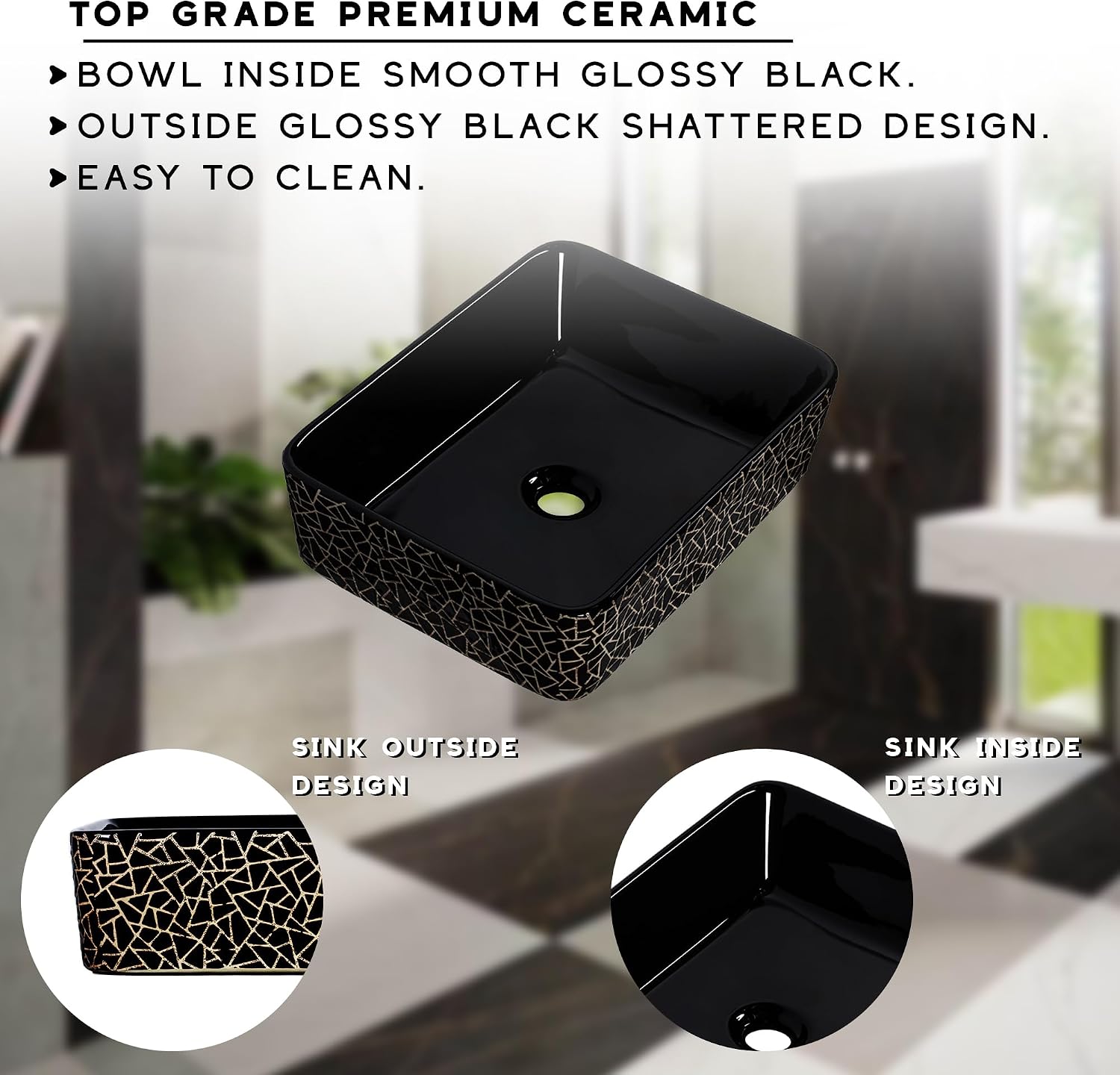 Strictly Sinks 18 Inch Rectangular Black Vessel Sink - Ceramic Countertop Bathroom Sink – Easy to Install Above Counter Luxurious Bathroom Vessel Sink (18-3/4″ W x 14-3/8″ L x 5-1/4″ H)