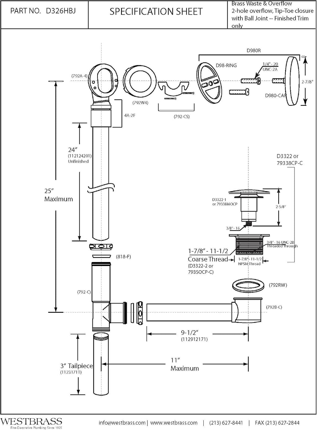 Westbrass 7982420HBJ-62 25' Bath Waste Assembly with Ball Joint, Tip-Toe Drain and Illusionary Overflow Faceplate, Matte Black