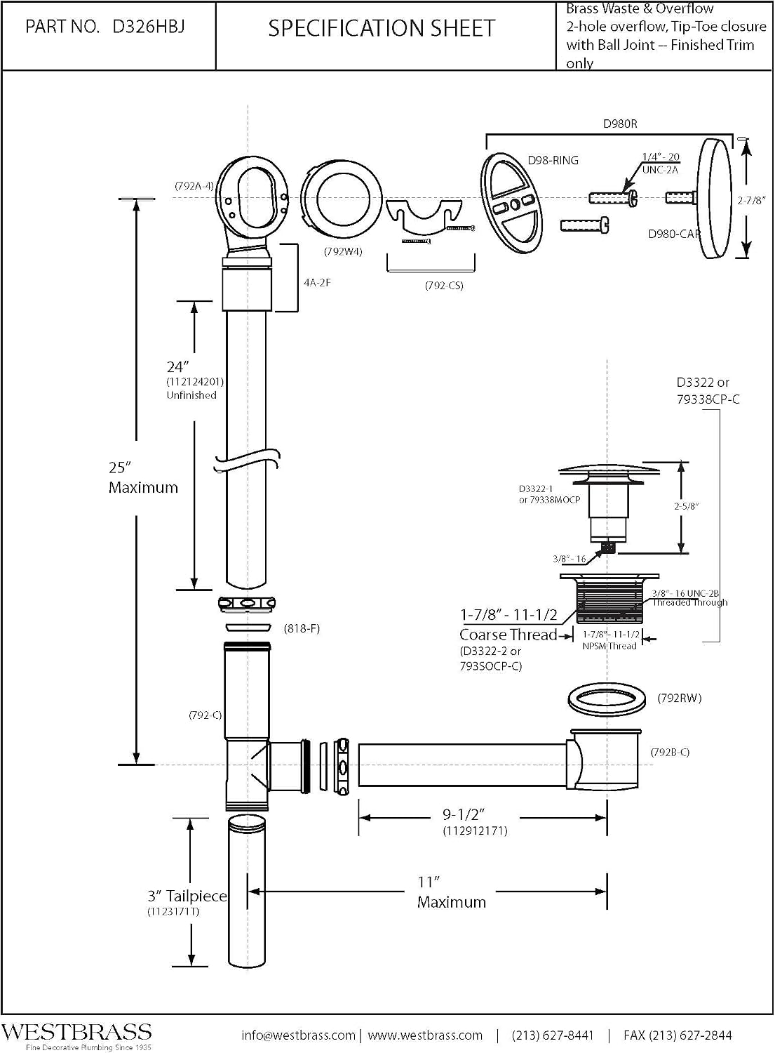 Westbrass 7982420HBJ-62 25' Bath Waste Assembly with Ball Joint, Tip-Toe Drain and Illusionary Overflow Faceplate, Matte Black