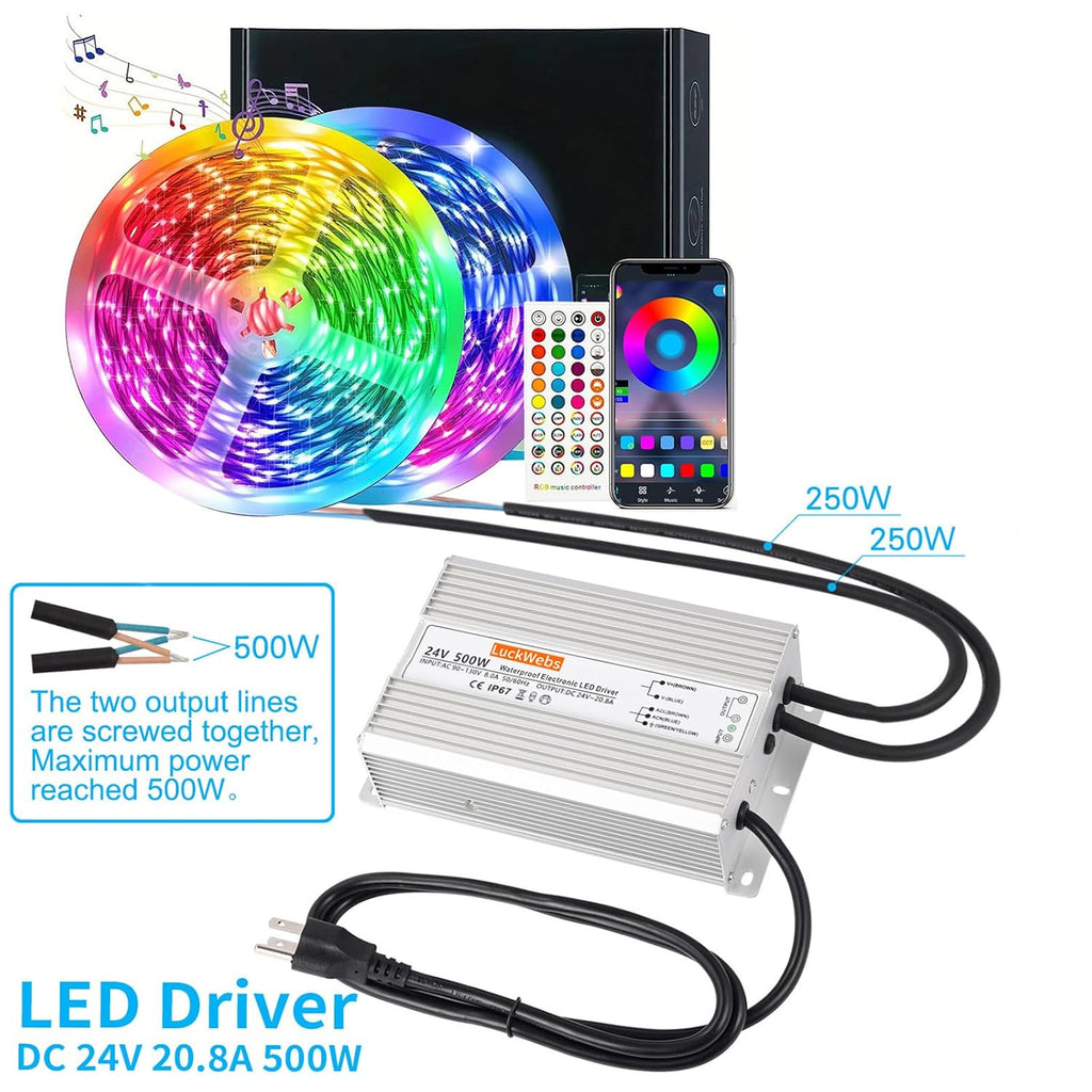 LED Driver 24V 500W Waterproof Power Supply AC90-130V to DC24V20.8A Low-Voltage IP67 Transformer Suitable for Street Lights Lawn Lights LED Outdoor Landscape Lighting Waterproof Transformer