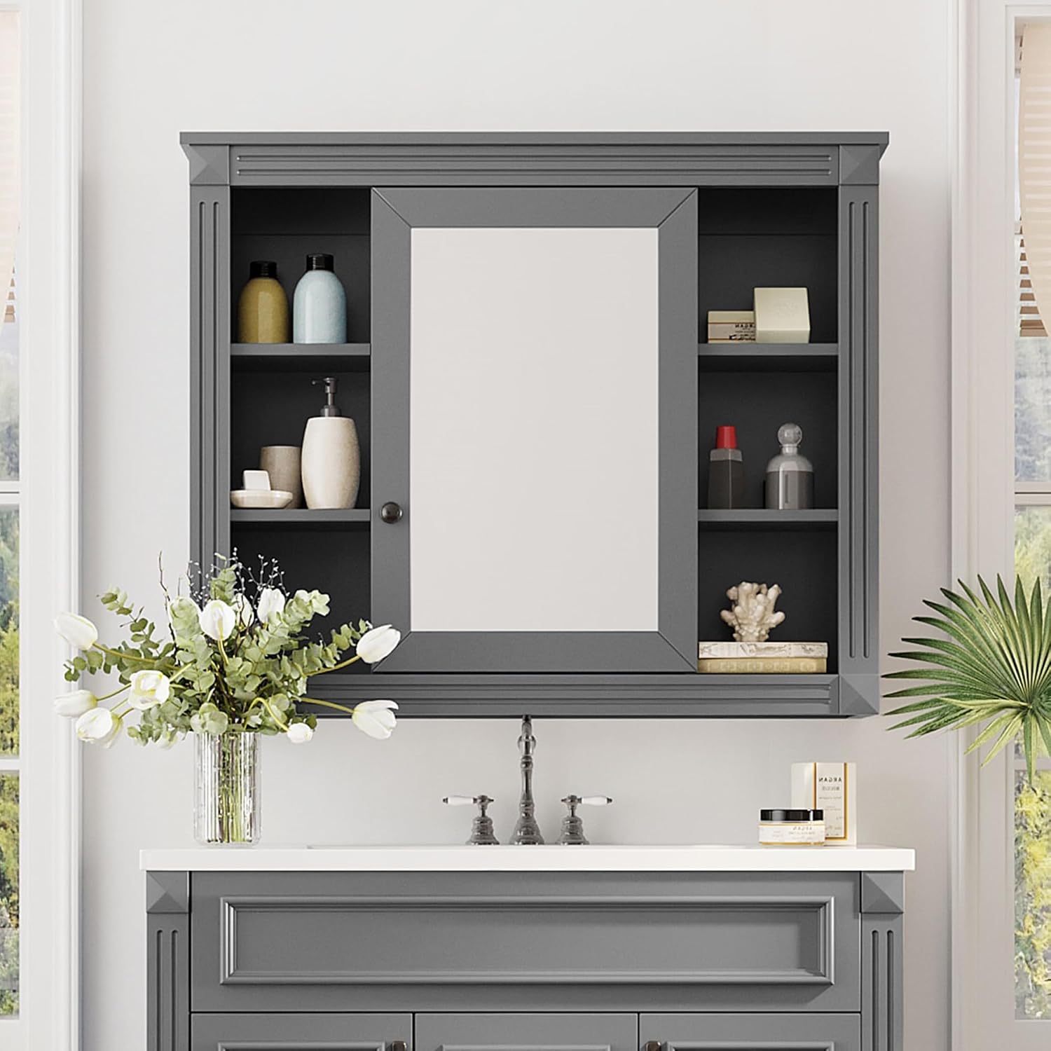 Merax Medicine Cabinet with Mirror, Wall Mount Bathroom Cabinet 35' x 28' Over Toilet Storage Cabinet Organizer with Door and Open Shelves, Mirrored Bathroom Wall Cabinet