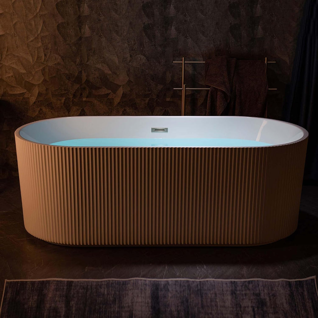 WOODBRIDGE 67' L x 31-1/2' W Freestanding Contemporary Soaking Bathtub,Unique Pleated Design,with Brushed Nickel Pop-Up Drain Drain and Overflow Option, White,B1526-B/N