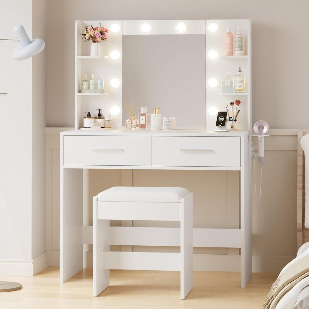 YESHOMY Vanity Desk with Mirror, Makeup Table with 2 Large Drawers, Power Outlet and Round Holder, 3 Color Modes Adjustable Bulb, Bench Included, Easy Assembly, Gloss White