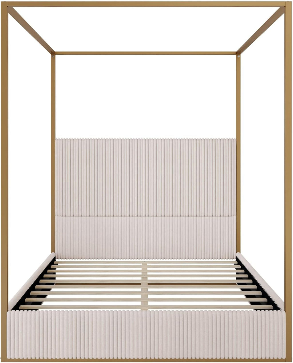 Metal Canopy Bed Queen Size with Upholstered Headboard, Luxury Canopy Platform Bed with Slat Support for Kids Teens, No Box Spring Needed, Noise Free, Space Saving, Beige + Gold