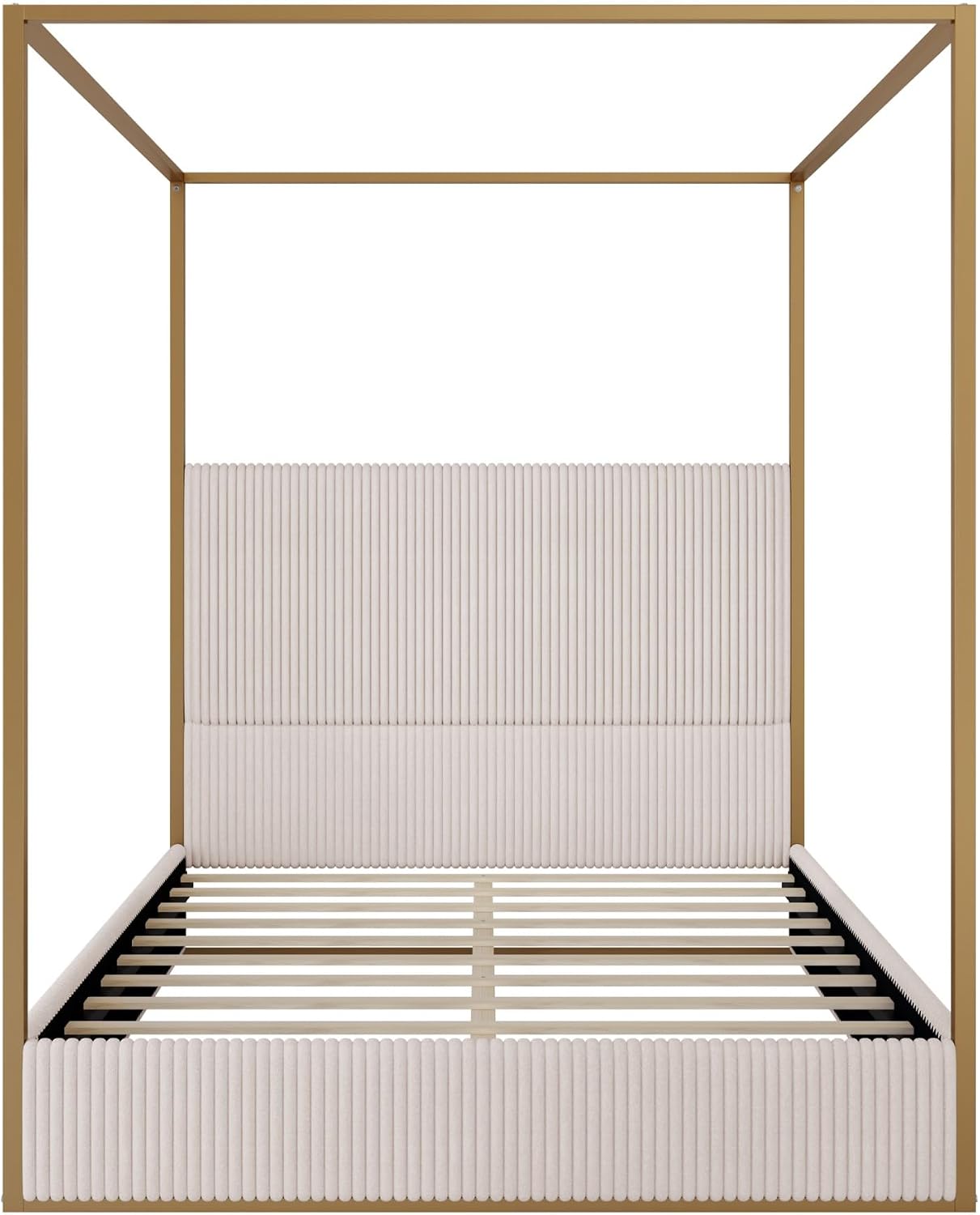 Metal Canopy Bed Queen Size with Upholstered Headboard, Luxury Canopy Platform Bed with Slat Support for Kids Teens, No Box Spring Needed, Noise Free, Space Saving, Beige + Gold