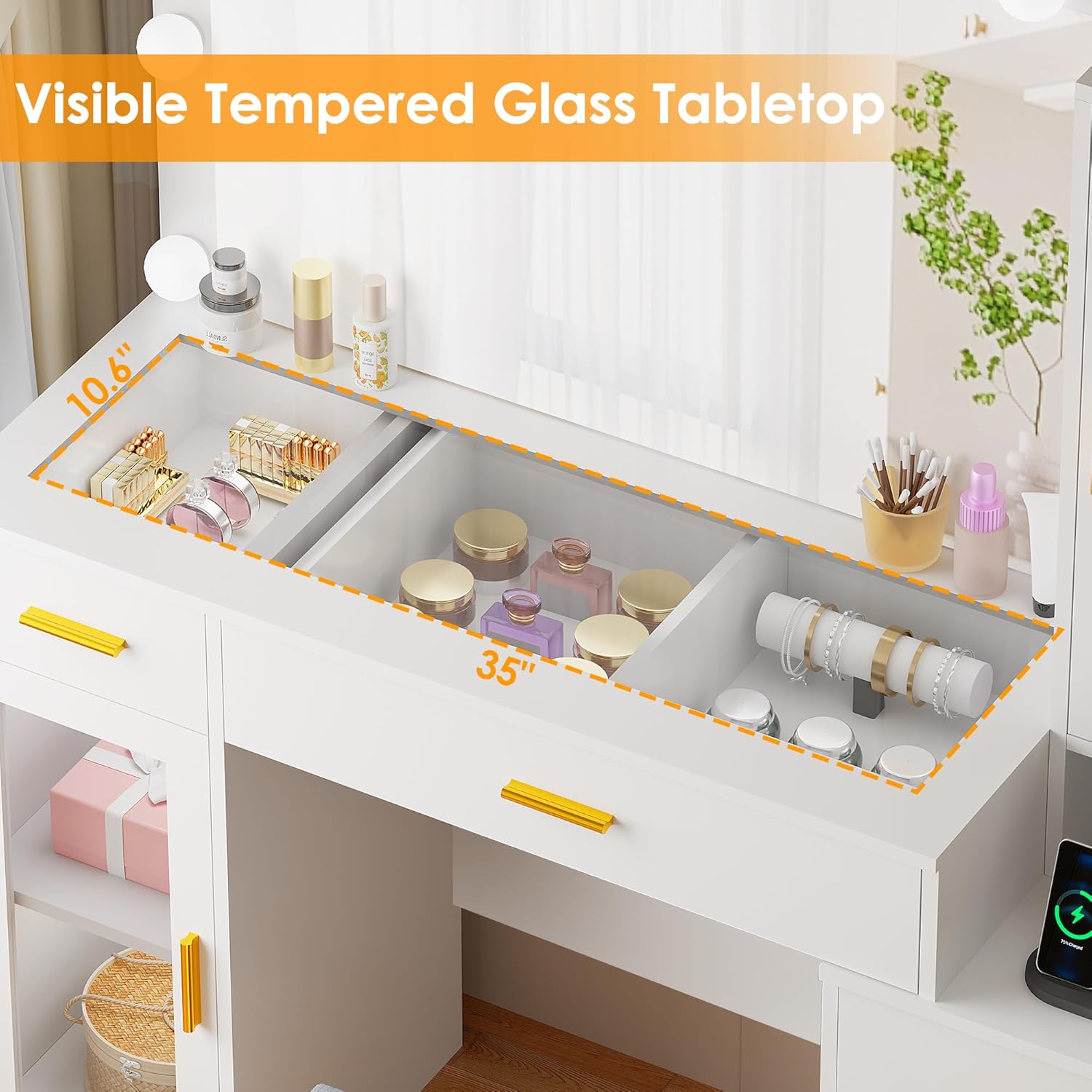 BEWISHOME 49.2' Large Vanity Desk with Mirror and Lights,White Makeup Vanity Table with Glass Top,Stool,Makeup Desk with Power Outlet,5 Drawers,Nightstand,Dressing Table for Bedroom Women FST34W