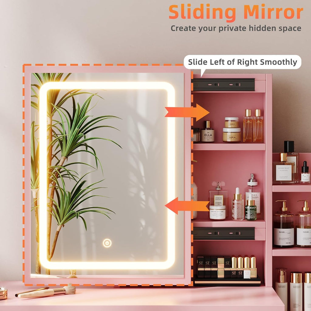 Memobarco Vanity Desk with Mirror and Lights, Makeup Vanity with 3 Adjustable Lighting Modes, Small Vanity Desk with Sliding Mirror, 4 Drawers, 7 Shelves, Vanity Chair for Bedroom, Pink