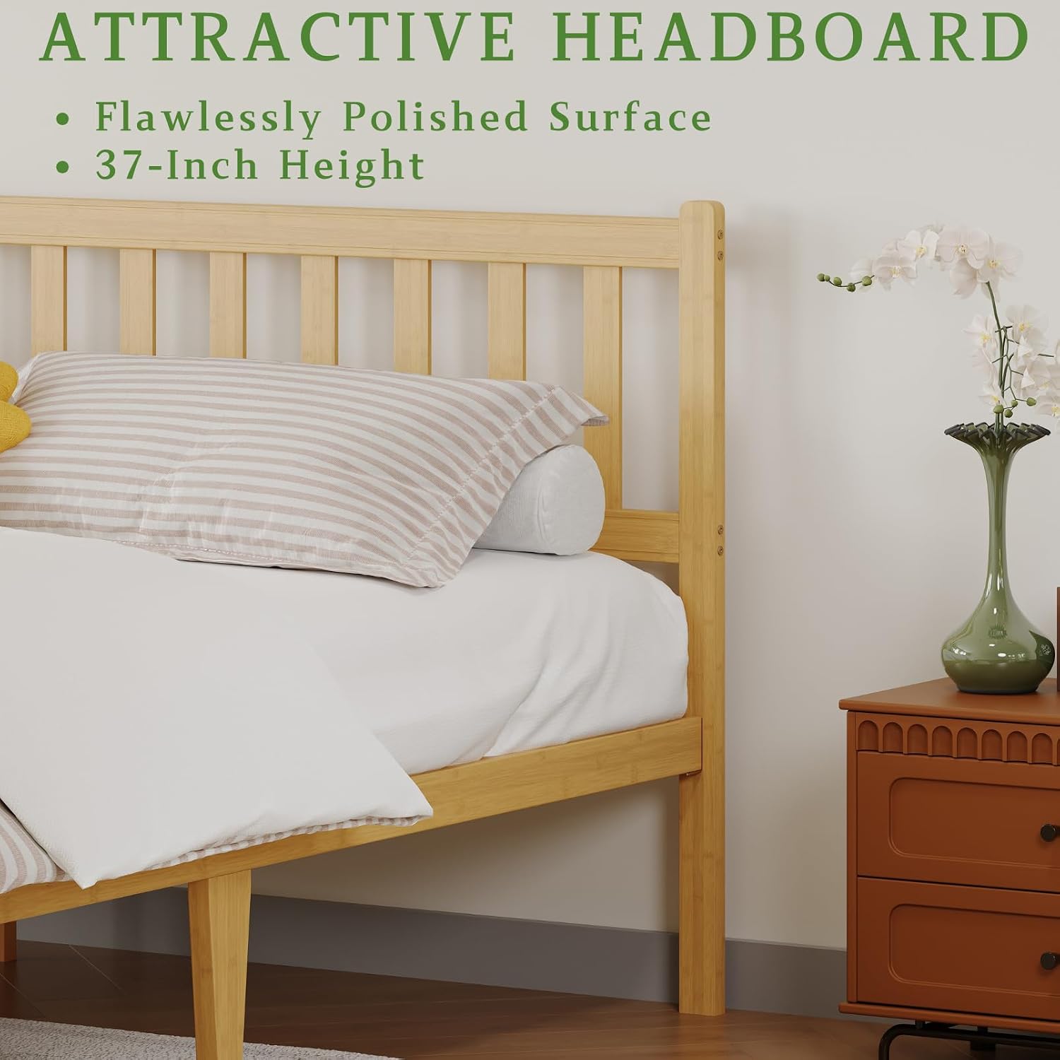 12 in High Solid Bamboo Wood King Size Bed Frame with Headboard, Platform Bed Frame King, Heavy Duty, No Box Spring Needed, Nosie Free
