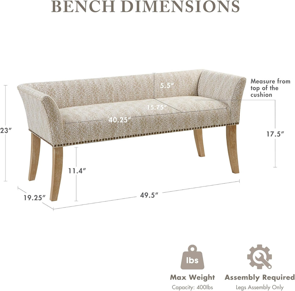 Madison Park Accent Bench for Living Room, Upholstered with Nailhead Trim, & Padded Seat Entryway Bench Small, End of Bed Bench with Back, 49.5' W x 19.25' D x 23' H, Taupe Multi