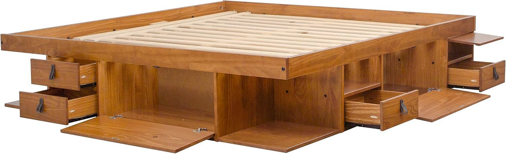 memomad Bali Bed - King Storage Platform Sturdy Wooden Frame with Drawers & More - Solid Pine - Noise Free - No Box Spring Needed - Slats Included (King Size, Oak Brown Wood)