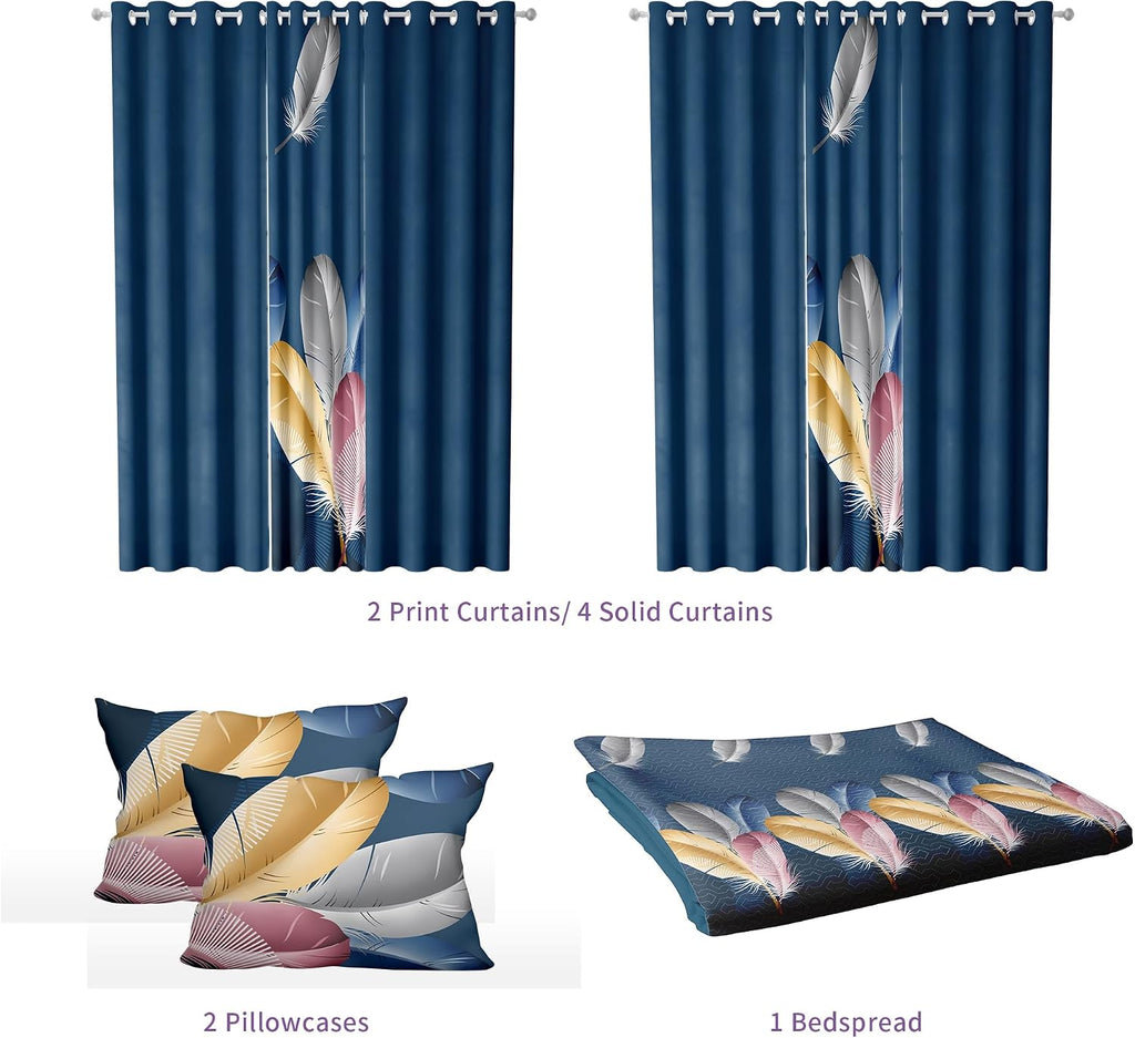 Luxury 9-Piece Blue Feather Queen Light Comforter Set, Bohemian Bed in a Bag Queen Bedspread with Matching Curtains Ultra Soft & Breathable All-Season Decor for Master Suite, Chic Home & Wedding Decor
