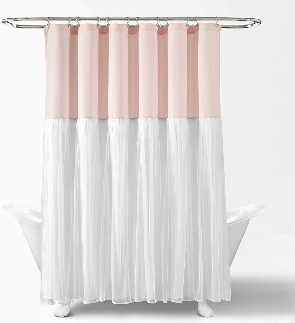 Lush Decor Tulle Skirt Colorblock Shower Curtain Single 72' W x 72' L Blush & White - Fabric Shower Curtains for Bathroom - Cute Bathroom Curtain (Pack of 6)