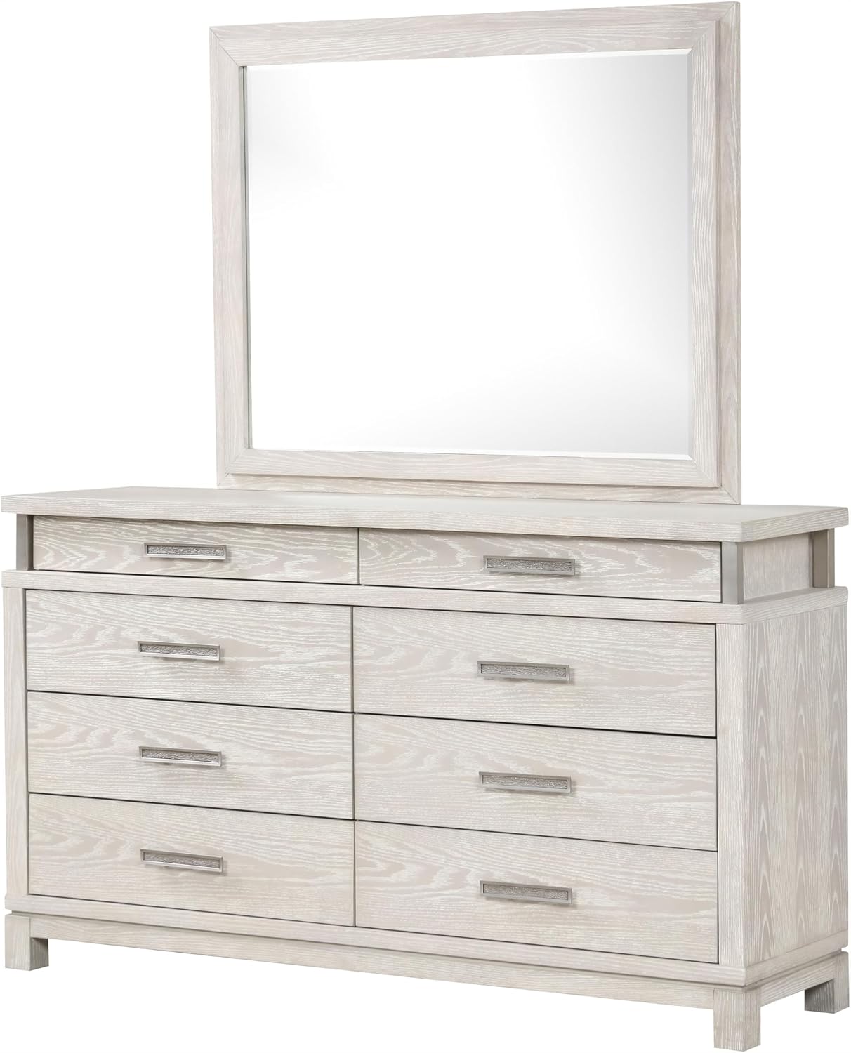 Furniture of America Bailer Modern Solid Wood 5-Piece Bedroom Set with LED on Headboard, Stainless Steal Posts and Marble Top on Nightstand, Box Spring Needed, King, Weathered Gray