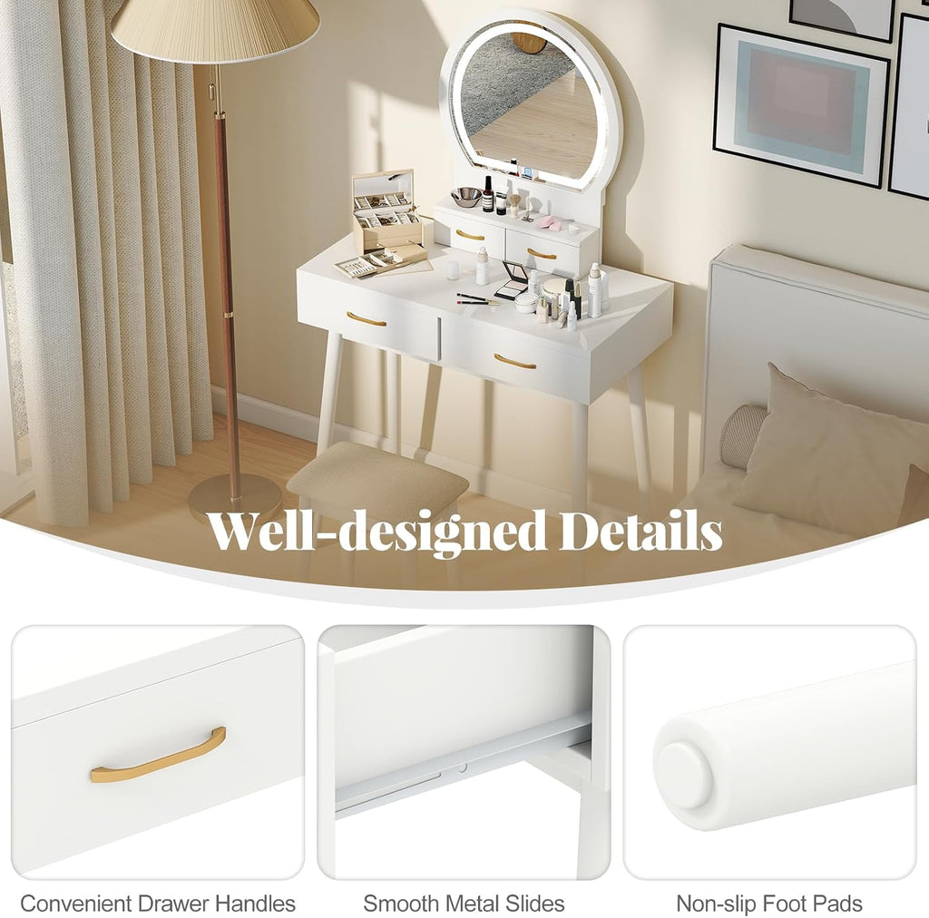 COSTWAY Small Vanity Desk with Mirror and Lights, Makeup Table with 4 Drawers, Vanity Stool, Round Lighted Mirror, 3 Color Modes, Dressing Table Set for Bedroom Small Space (White)