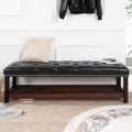 60in Button-Tufted Leather Indoor Bench,Black Upholstered Shoe Bench Entryway, Bedroom Bench Seat, End of Bed Ottoman, Vanity Bench with Wooden Base Shoes Rack (Black+Wooden)