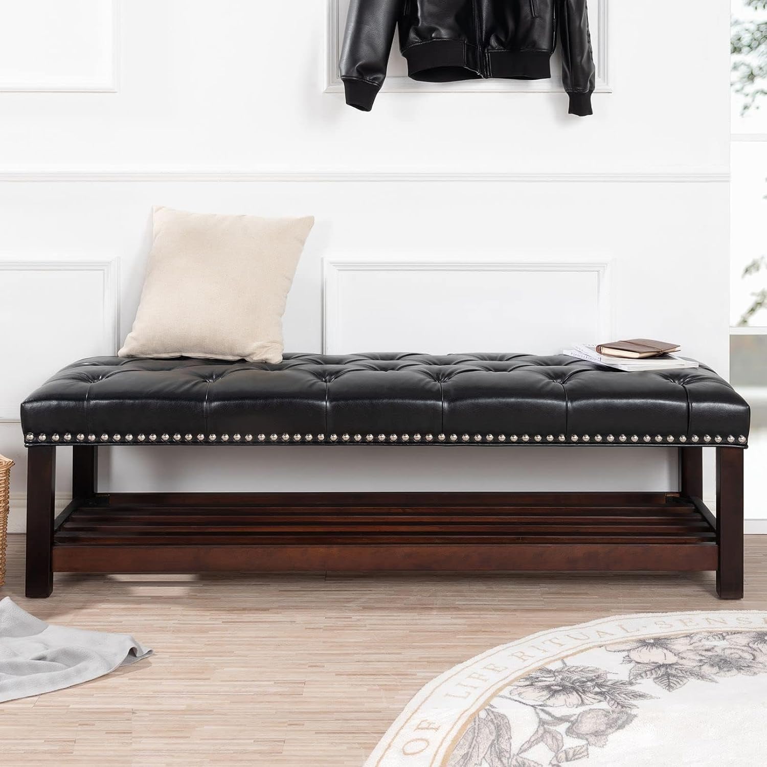60in Button-Tufted Leather Indoor Bench,Black Upholstered Shoe Bench Entryway, Bedroom Bench Seat, End of Bed Ottoman, Vanity Bench with Wooden Base Shoes Rack (Black+Wooden)