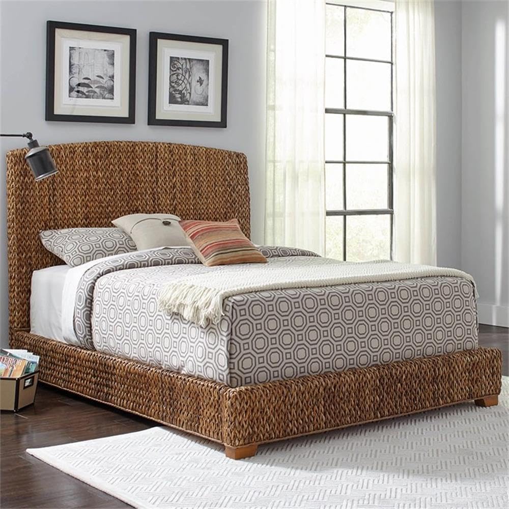 BOWERY HILL Farmhouse Wood Queen Panel Bed, Amber Brown and Honey Finish, Banana Leaf Upholstered Mahogany Frame, Solid Mahogany Legs, Tropical Style Bedroom Furniture, 55 in H x 67 in W x 88.25 in D