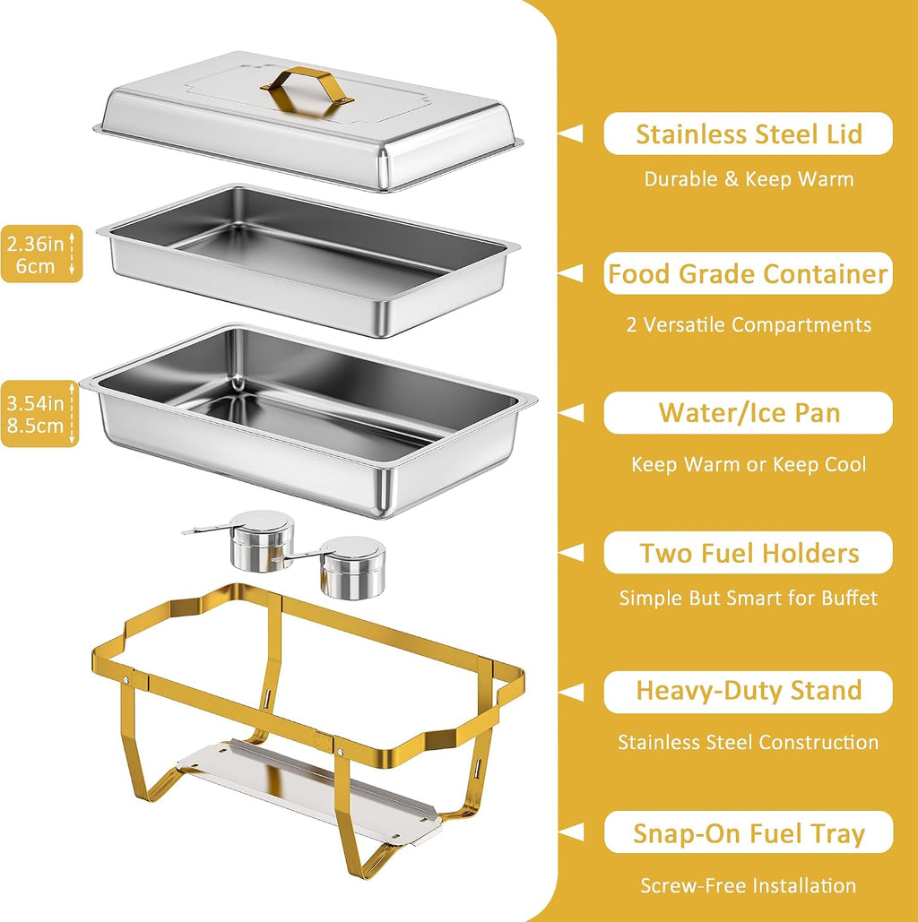 9 QT Chafing Dishes for Buffet Set 2 Pack, Gold Stainless Steel Food Warmers with Serving Utensils Folding Stand, Buffet Servers for Parties, Weddings, Catering, Family Gatherings
