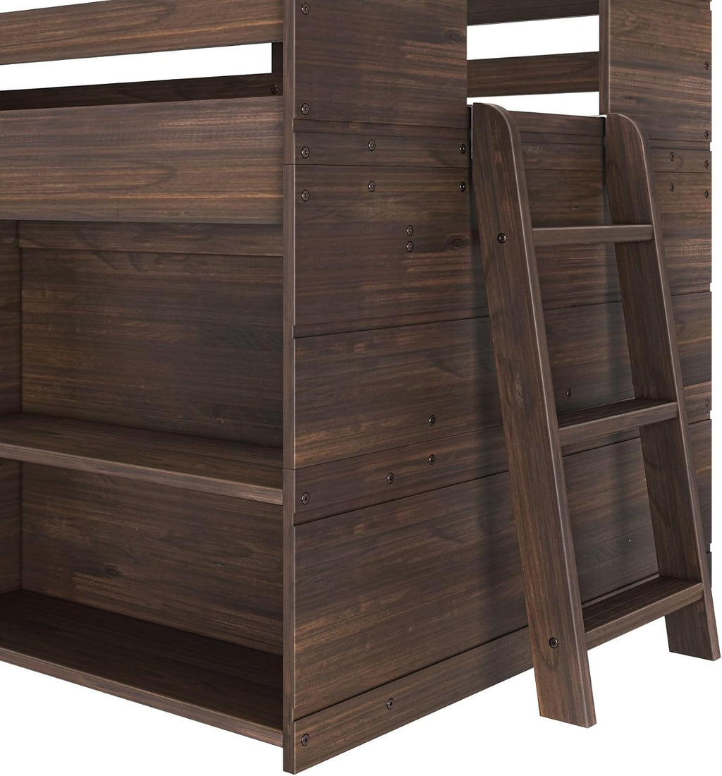 Max & Lily Modern Farmhouse Low Loft (Twin), with Bookcase, Barnwood Brown