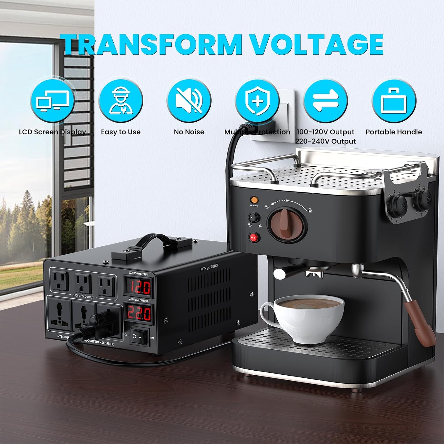 4000W Voltage Converter Transformer(110V to 220V or 220V to 110V) Step Up/Down Converter 110/120 Volt - 220/240 Volt w/US Power Cord,Circuit Breaker Protection, LCD Screen Display