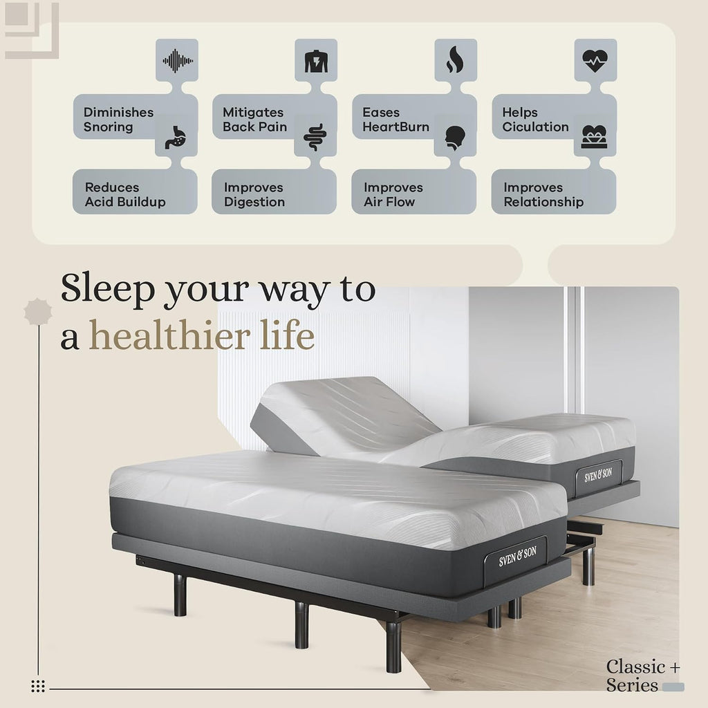 Sven & Son Harmony Adjustable Bed Base, Head and Foot Lift, Massage, Under-Bed Lights, USB, Gel Memory, Zero Gravity Smart Frame - Split King + 14 inch Hybrid Spring Matt (Medium Soft)