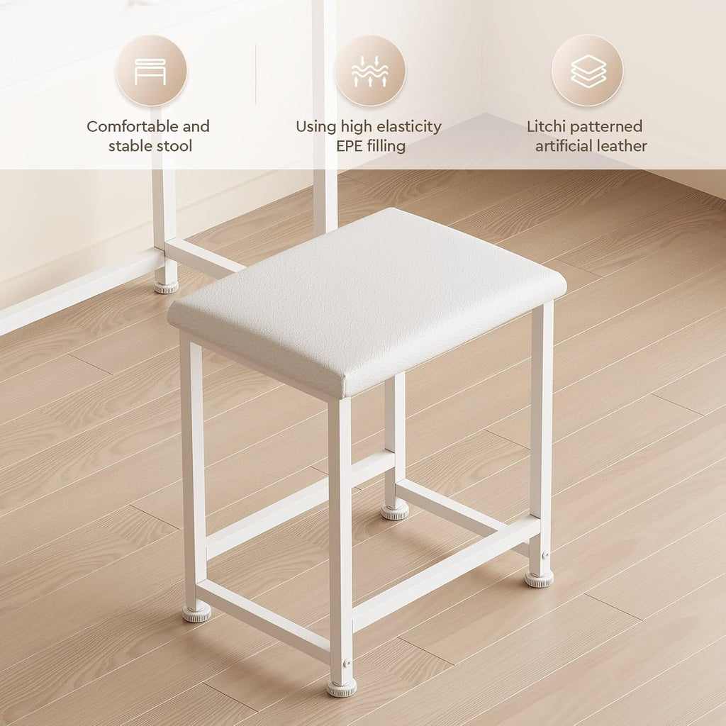 YeTom Makeup Vanity Desk with Mirror and Lights, Small Vanity with Fabric Storage Drawer & Chair & Shelves, White Compact Makeup Vanity Set for Bedroom