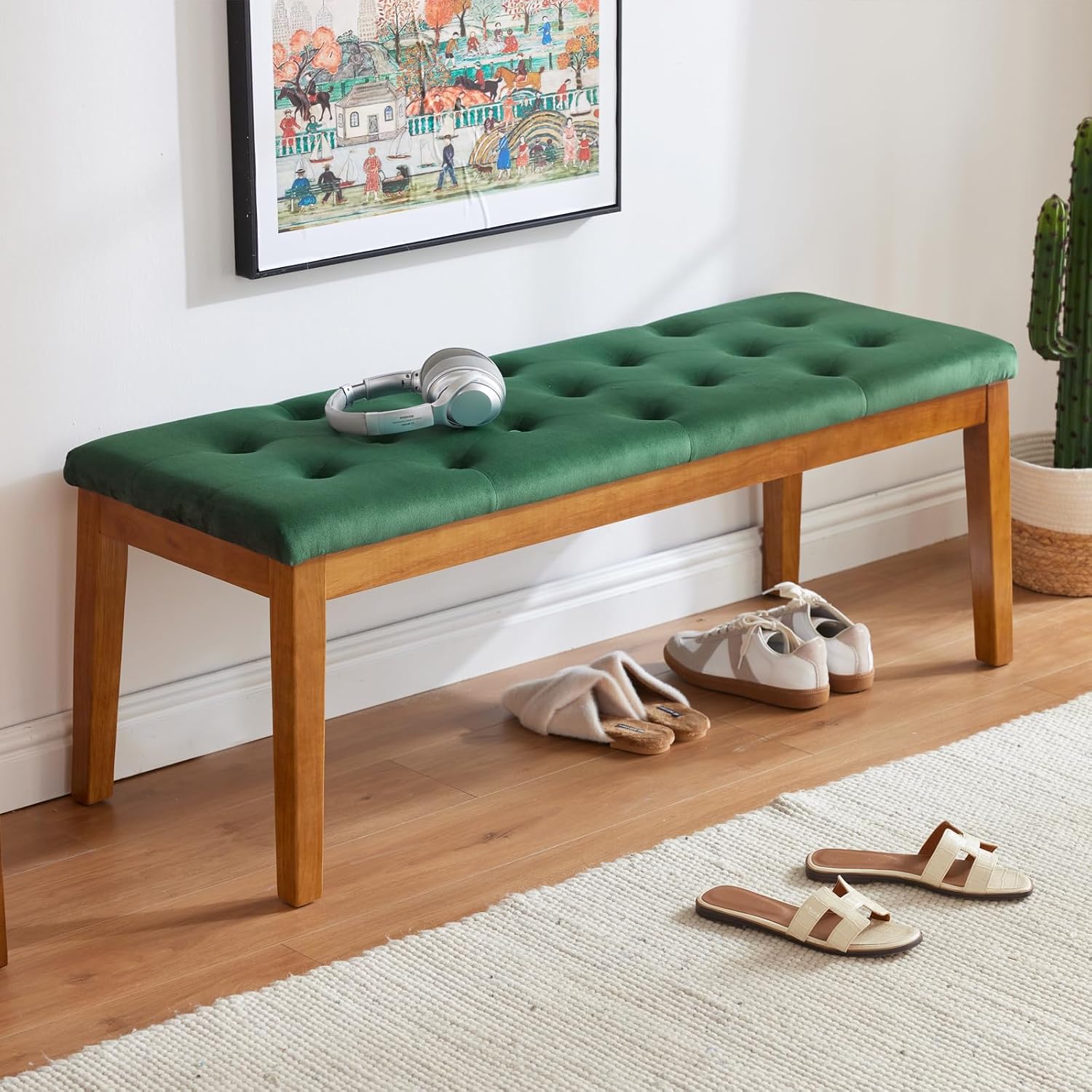 Ottoman Bench Upholstered Padded Seat with Solid Wood Legs and Button-Tufted, Big Oversized Ottoman, Velvet Green