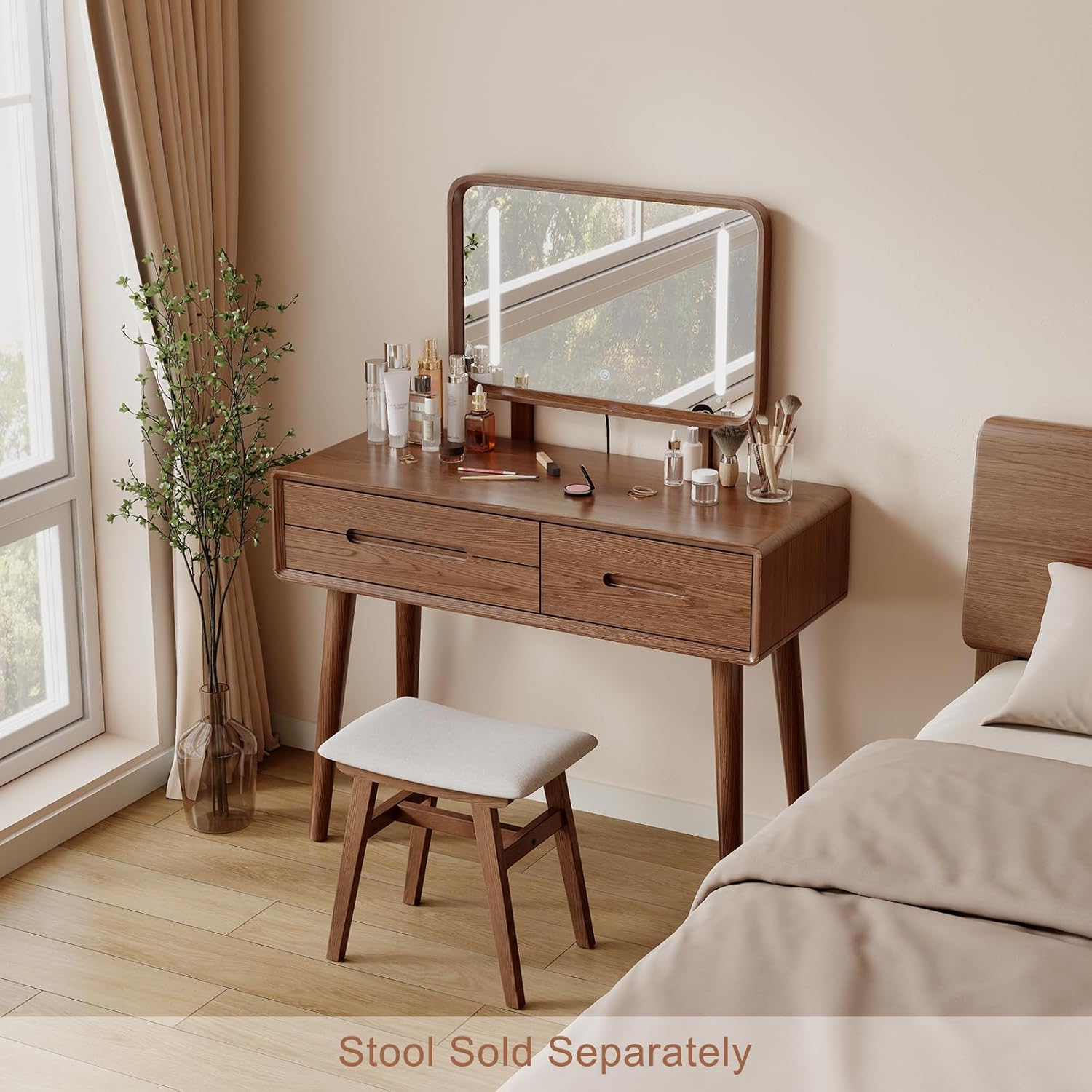 Solid Wood Vanity with Mirror and Lights, Adjustable Brightness, Wood Makeup Vanity with 3 Drawers, Semi-Assembled, Vanity Desk for Bedroom (Walnut)