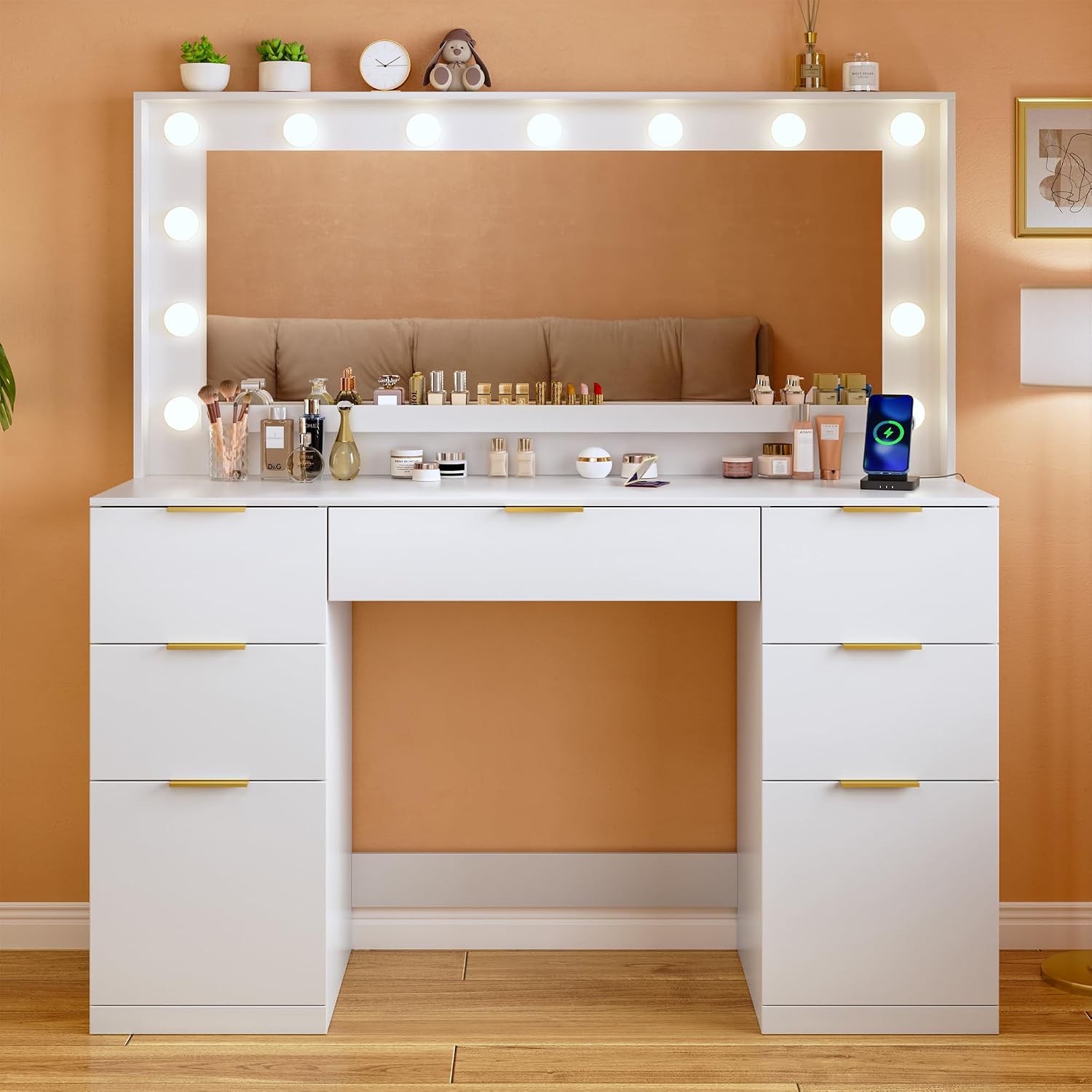 ALEXNUTRE Vanity Desk with Mirror and Lights, 45.3in Makeup Vanity with 7 Drawers & Large Mirror, White Vanity with 3-Color Adjustable Lighting & Charging Station, Make Up Vanity for Bedroom