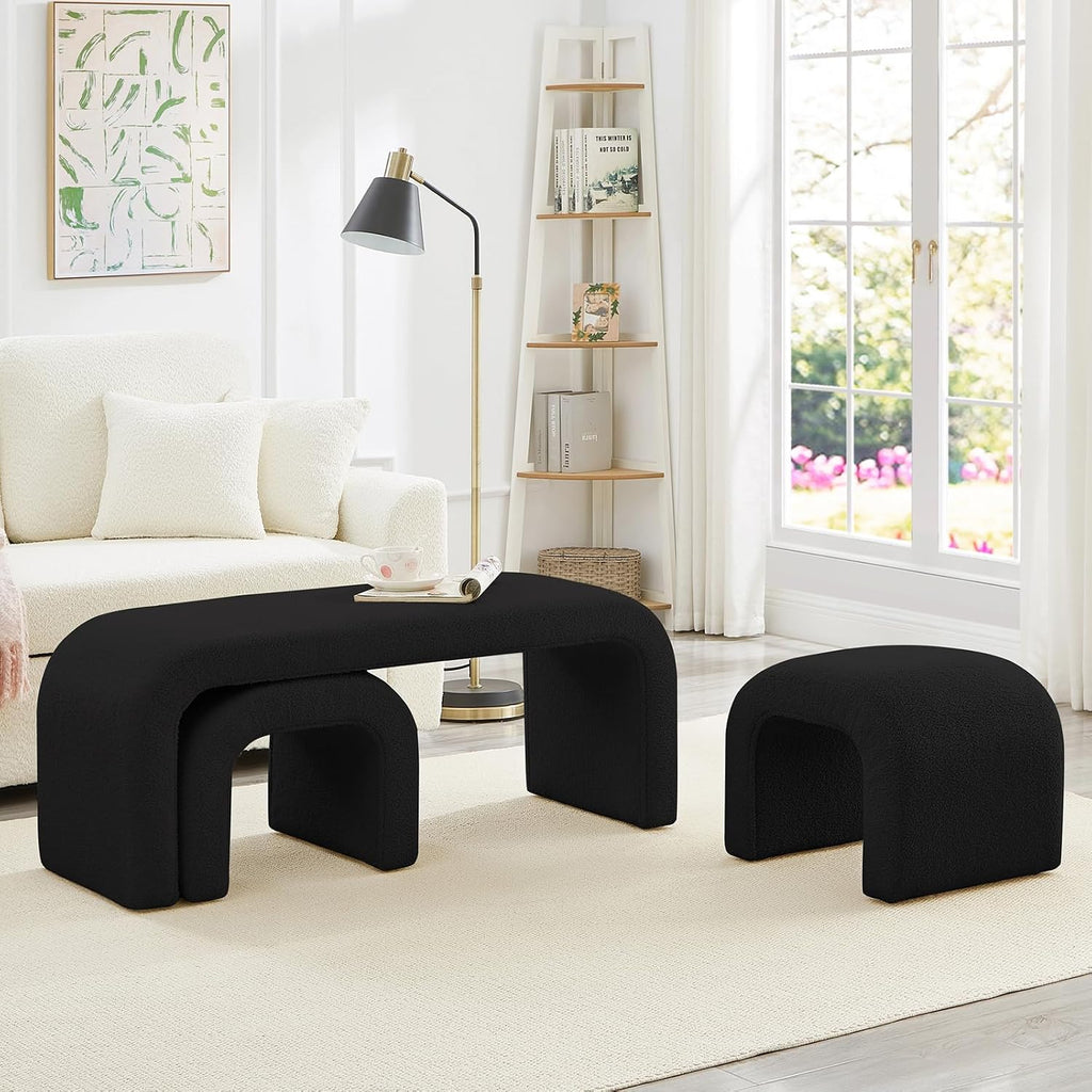 3-Piece Modern Ottoman Bench Set, 44' Wide Teddy Upholstered End of Bed Bench with 2 Foot Stools, Padded U-Shaped Entry Bench Vanity Stool for Living Room Bedroom (Black)