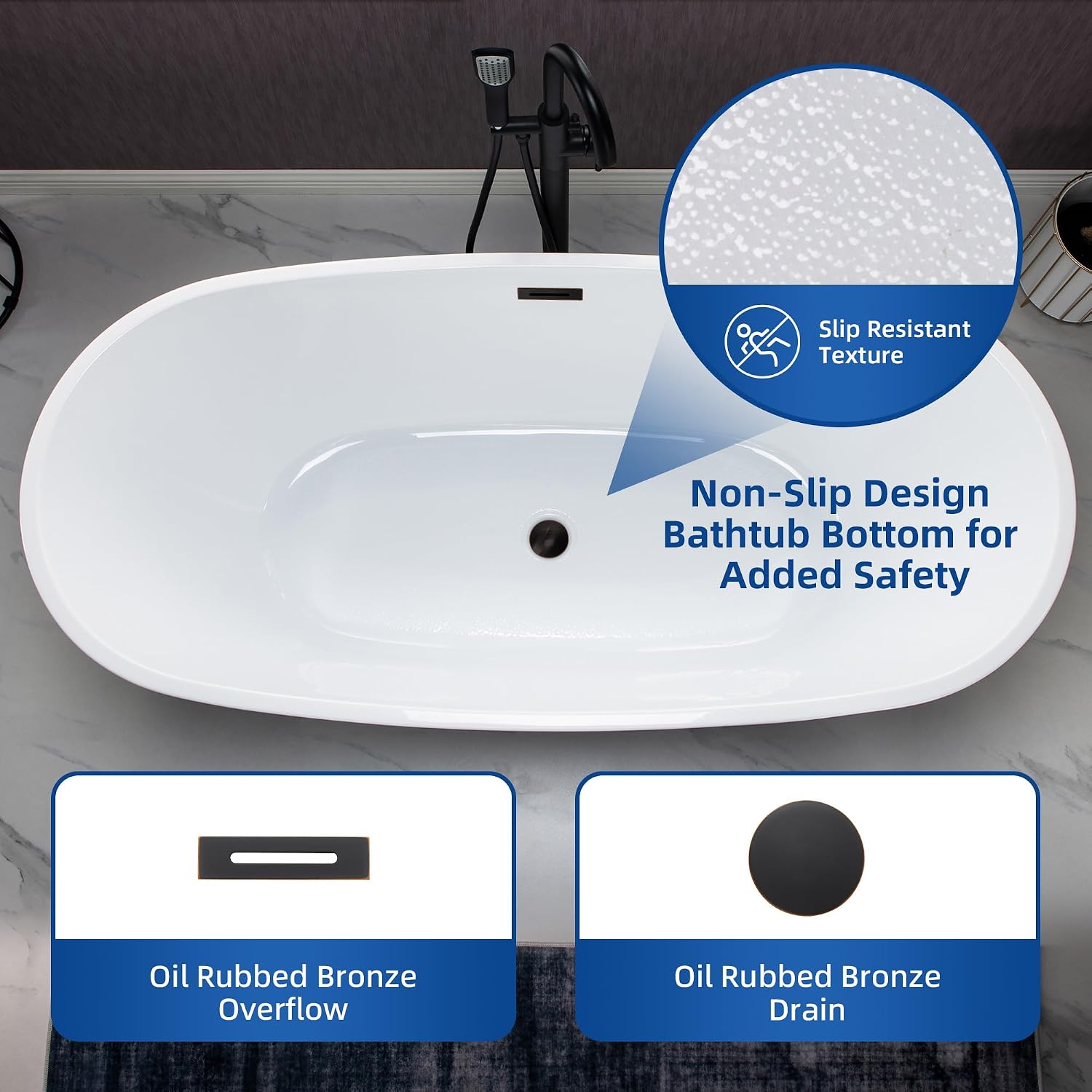 WOODBRIDGE 67' Acrylic Freestanding Bathtub Contemporary Soaking White Tub with Oil Rubbed Bronze Overflow and Drain，BTA1528-ORB