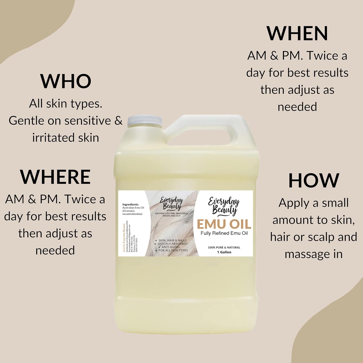 Emu Oil Bulk - 1 Gallon Pure & All Natural Refined Australian Emu Oil for Face, Skin and Hair - Great for Sensitive Skin and Hair Growth - For Scars and Piercings - High in Omega 3,6 and 9 Fatty Acids