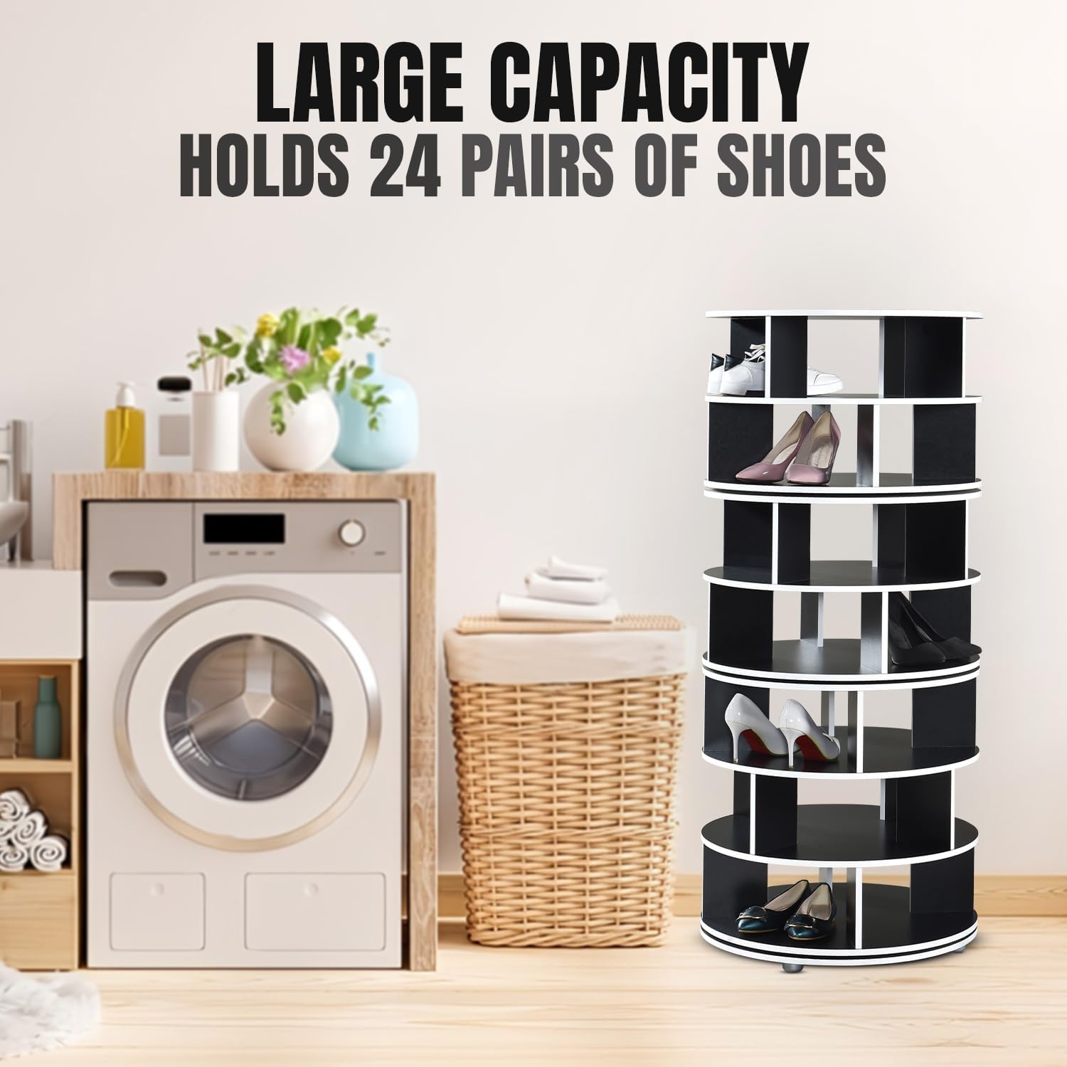 Kings Brand Furniture Cassidy Revolving Shoe Rack, Spinning Shoe Rack Tower, 360° Revolving Shoe Storage Organizer for Closet Entryway Bedroom Hallway (Black, 7-Tier)