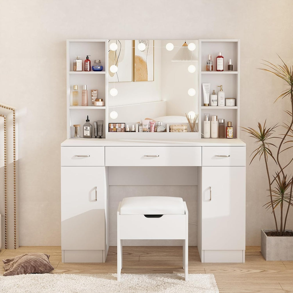 Vabches Vanity Desk with Lighted Mirror, Large Makeup Vanity Table Set with Storage Bench & Cabinets, 3 Brightness Mode, 45.2inch (W), White