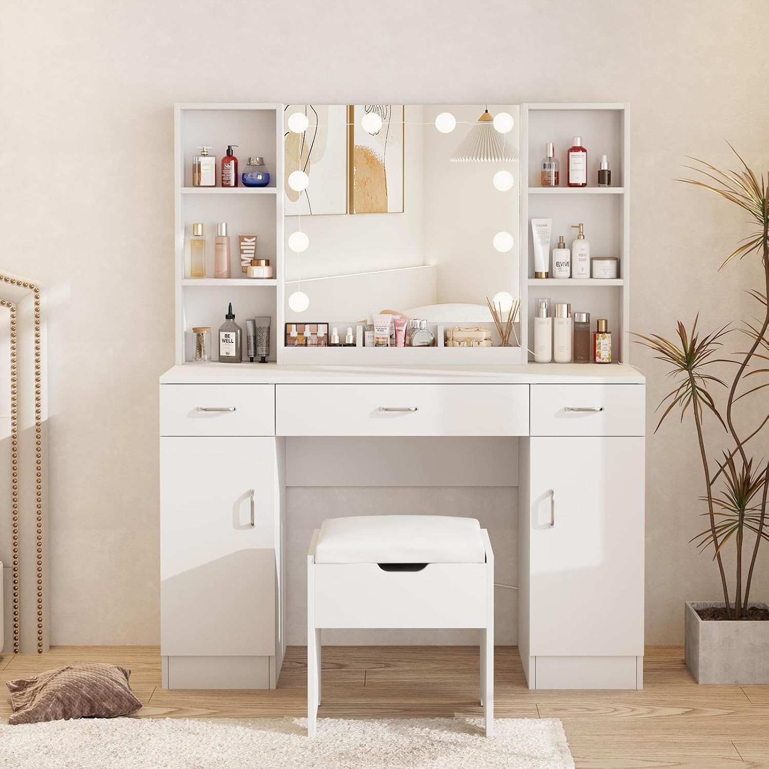 Vabches Vanity Desk with Lighted Mirror, Large Makeup Vanity Table Set with Storage Bench & Cabinets, 3 Brightness Mode, 45.2inch (W), White