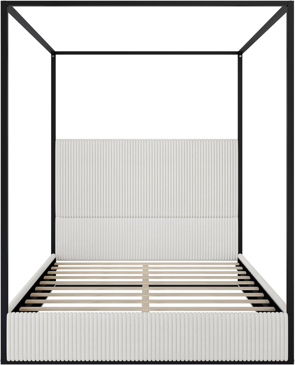 Modern 4-Poster Canopy Platform Bed Queen Size with Tall Upholstered Headboard, Metal Canopied Design Platform Bed Frame with Strong Slats Support, No Box Spring Needed (White, Queen)