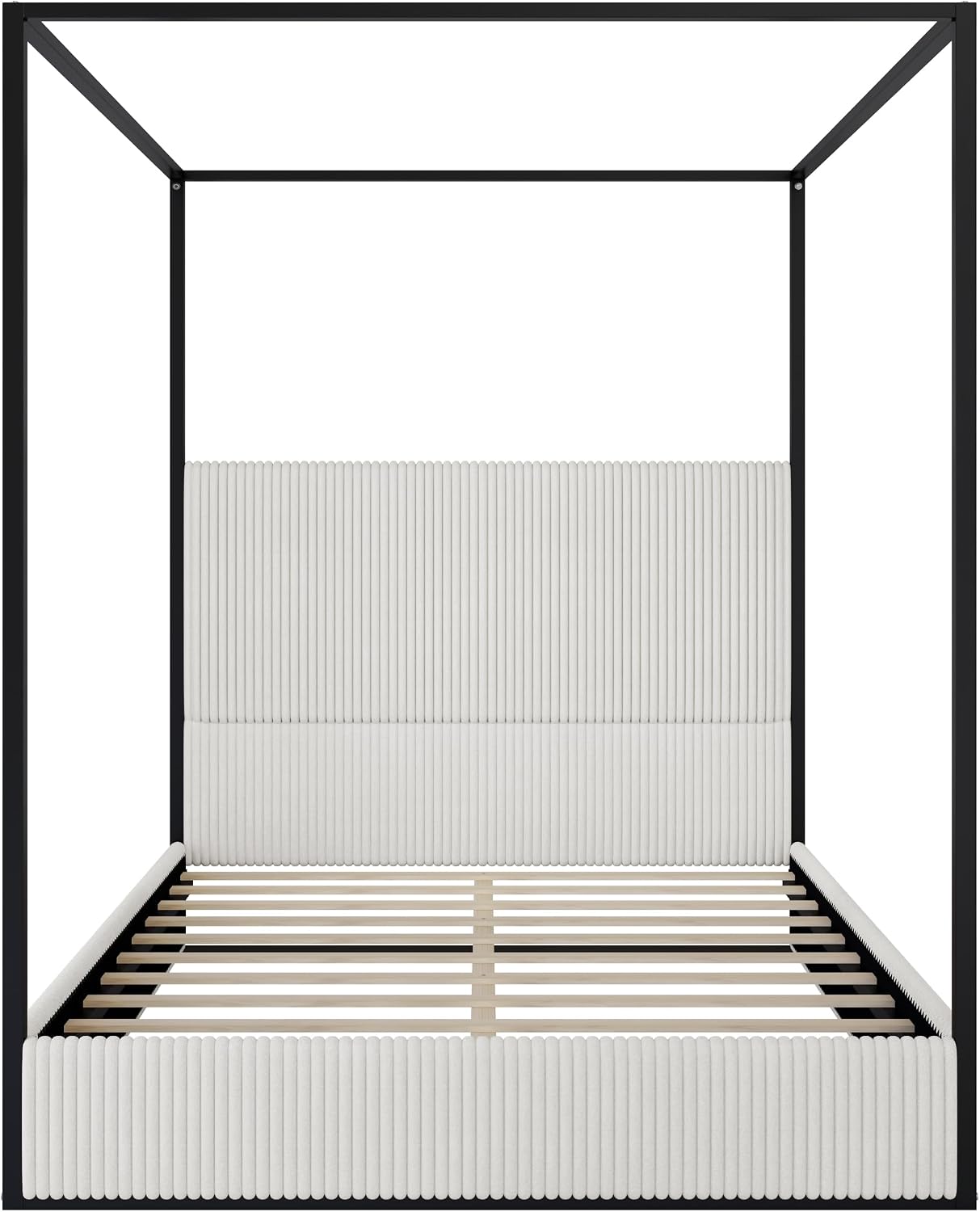 Modern 4-Poster Canopy Platform Bed Queen Size with Tall Upholstered Headboard, Metal Canopied Design Platform Bed Frame with Strong Slats Support, No Box Spring Needed (White, Queen)