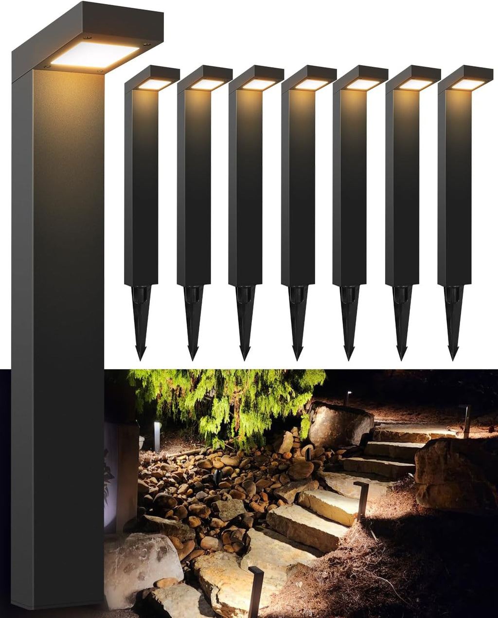 GKOLED 8-Pack Low Voltage Landscape Pathway Light Fixture, 9-15V AC/DC Outdoor Walkway Lighting with 3W LED Chips for Yard Lawn, Black Die-cast Aluminum Housing, UL-Listed IP66+