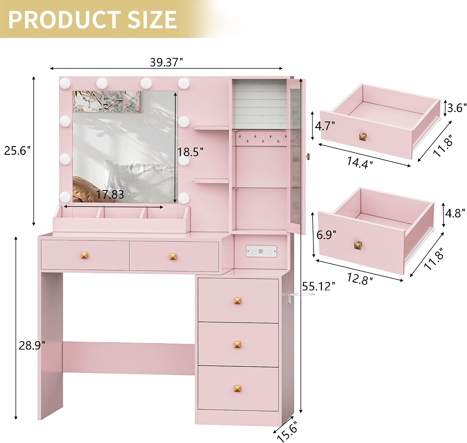 Xixini Vanity Desk with Mirror and Lights, Makeup Vanity Table Set with 5 Storage Drawers, Power Outlet, Small Dressing Table with RGB Ambient Light, Adjustable Brightness for Girls Bedroom, Pink